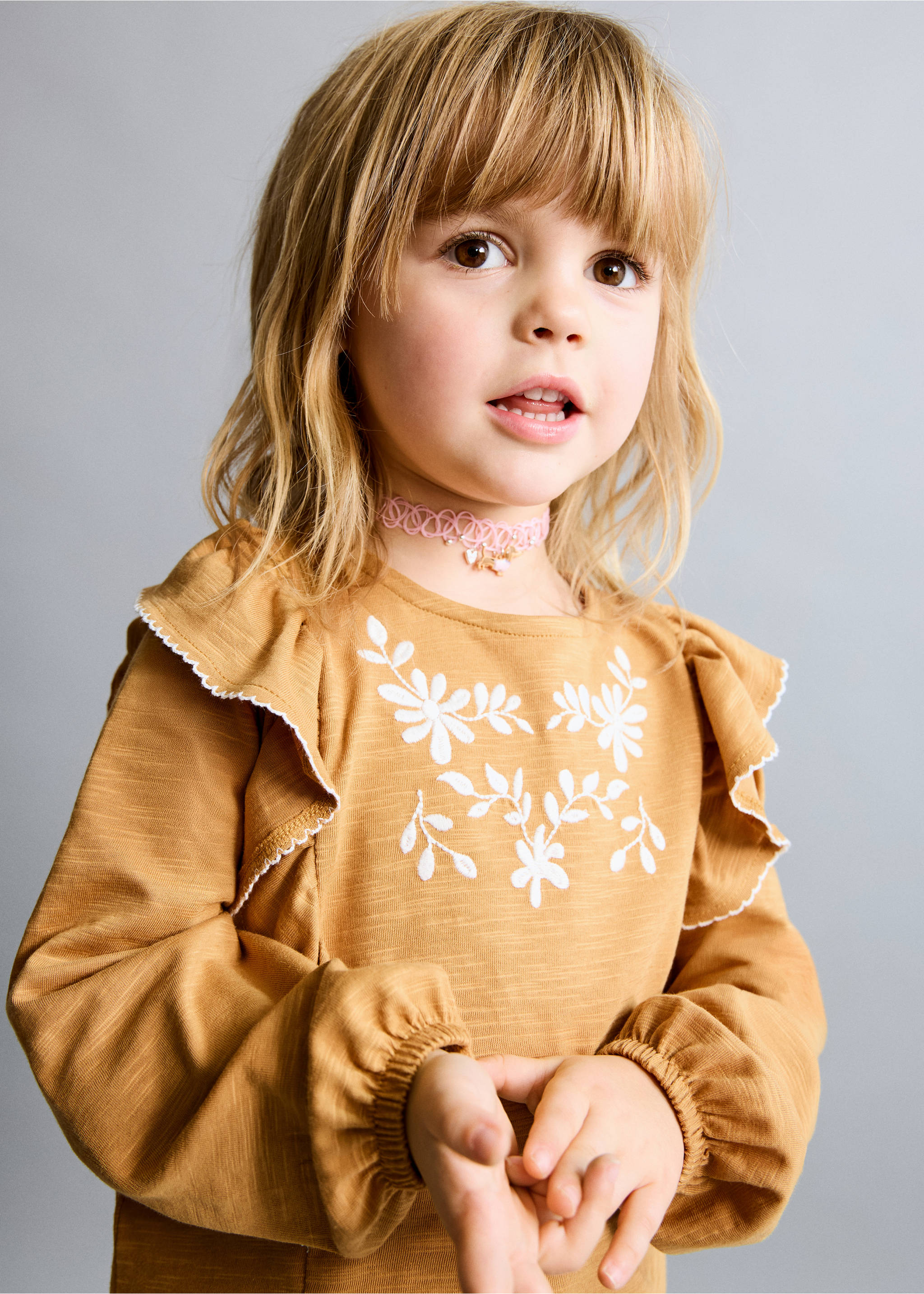 Katoenen T-shirt met ruches - Middenvlak, Oker. Ref: 27044410-00.