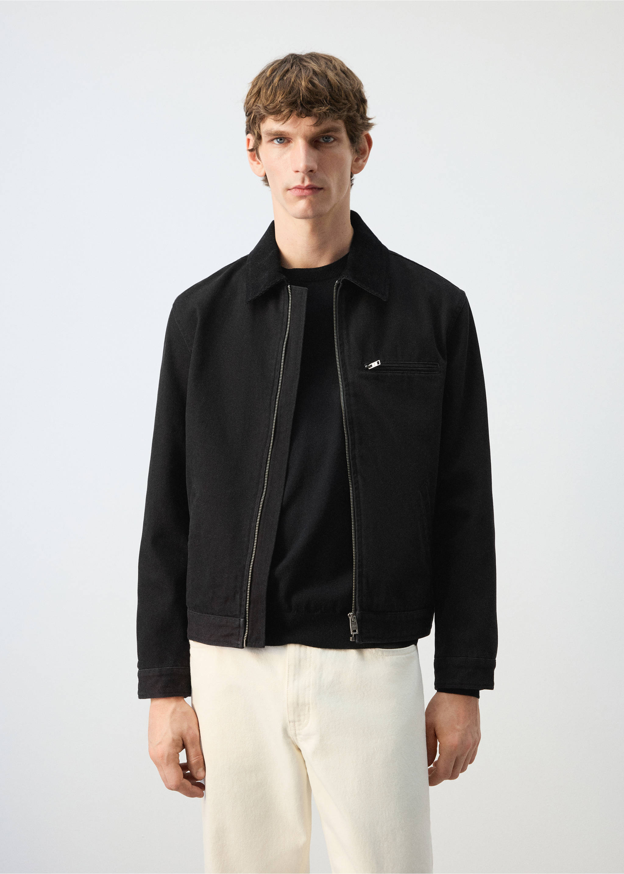 Джинсовая куртка с вельветовым воротником - Средний план, Черный деним. Ref: 27044427-00.