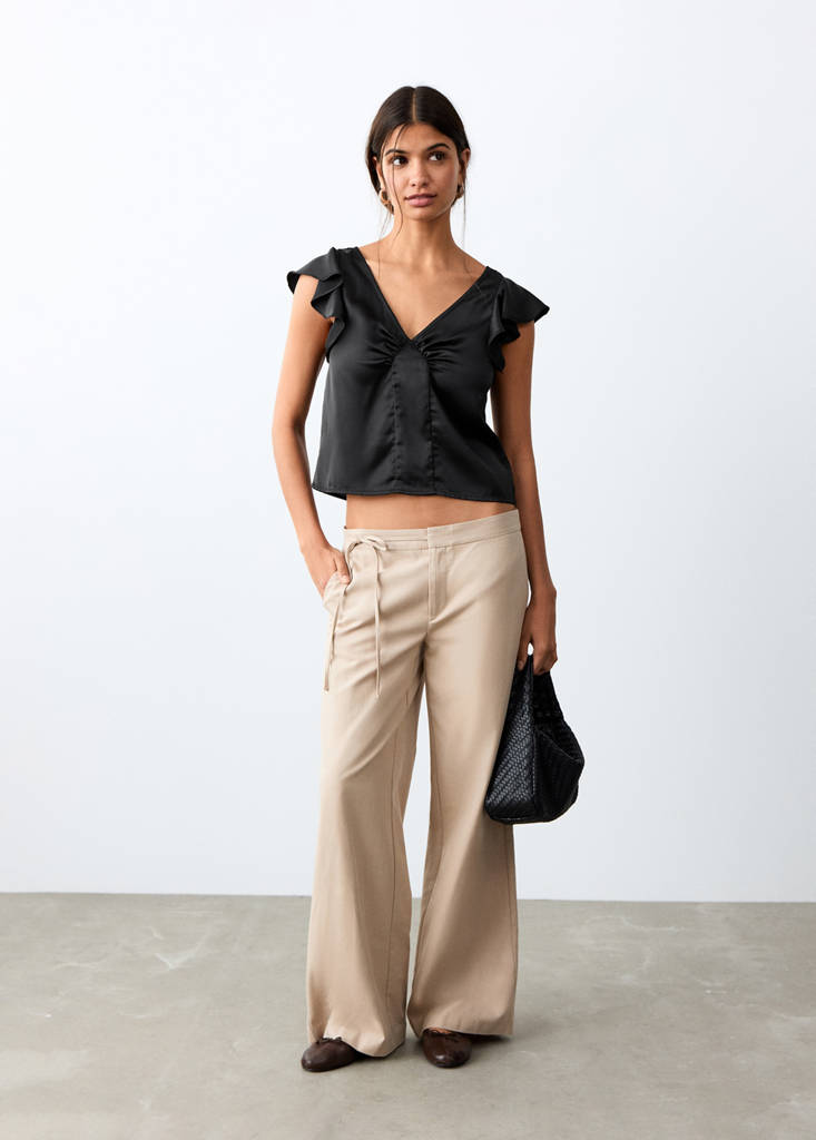 Frilled satin top — Black