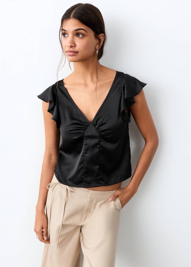 Frilled satin top — Black