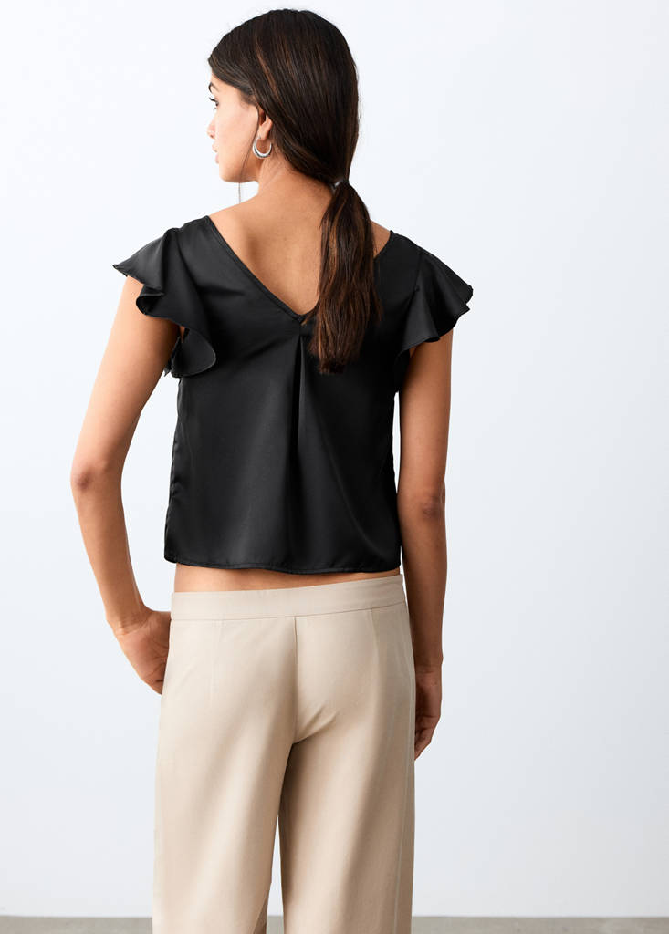 Frilled satin top — Black