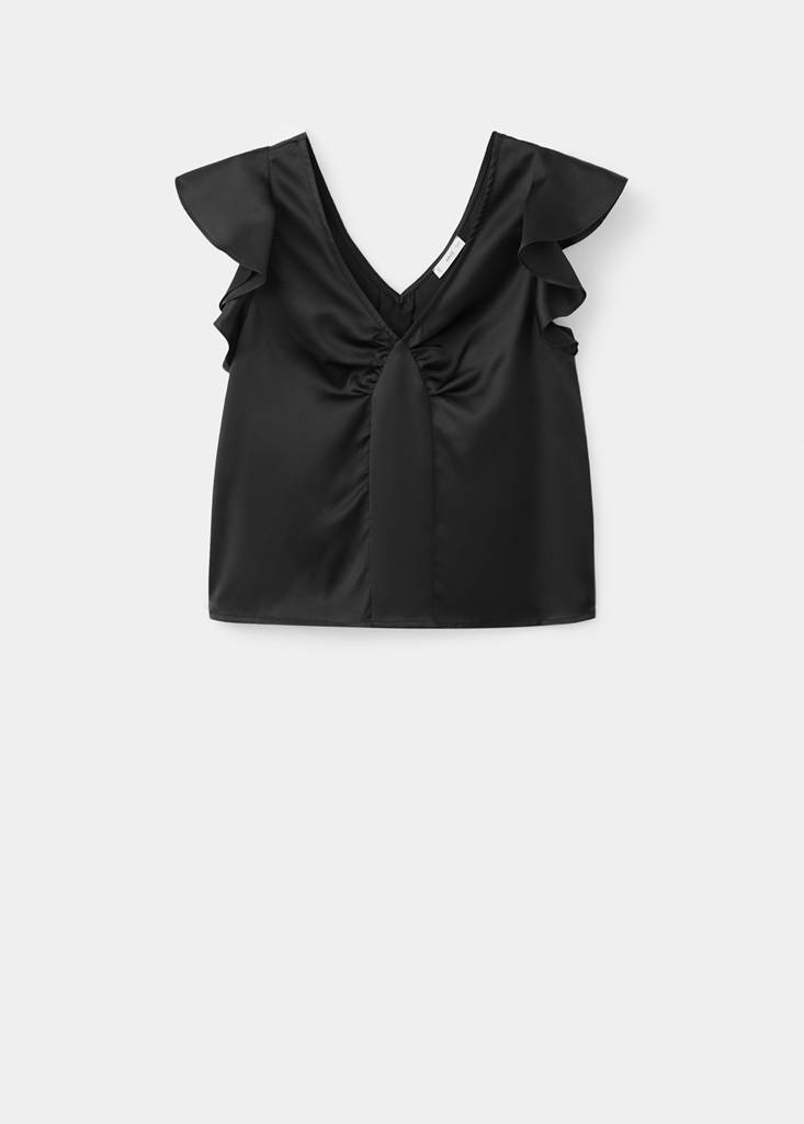 Frilled satin top — Black