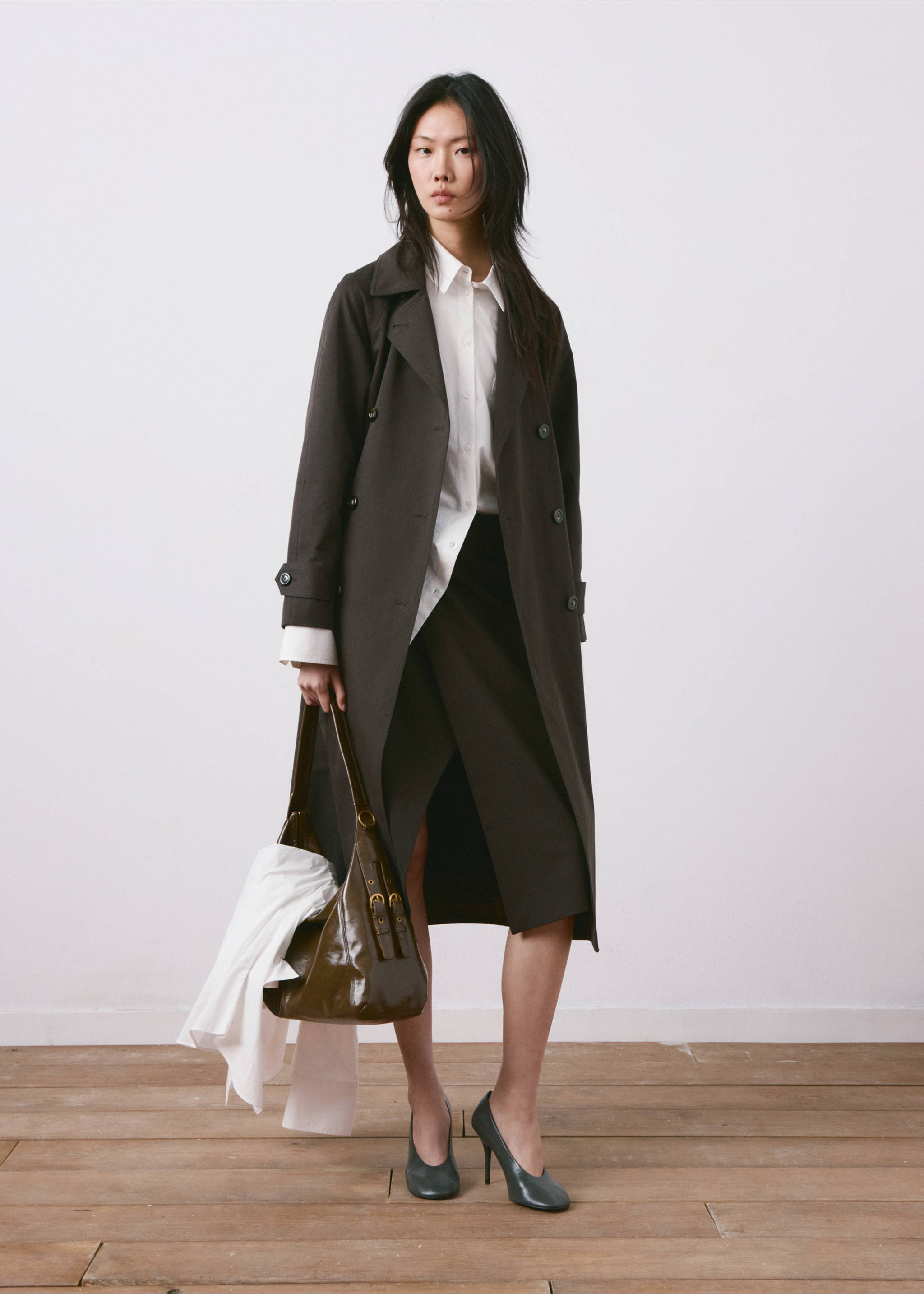 Long double-breasted trench coat - General plane, Chocolate. Ref: 27044774-00.