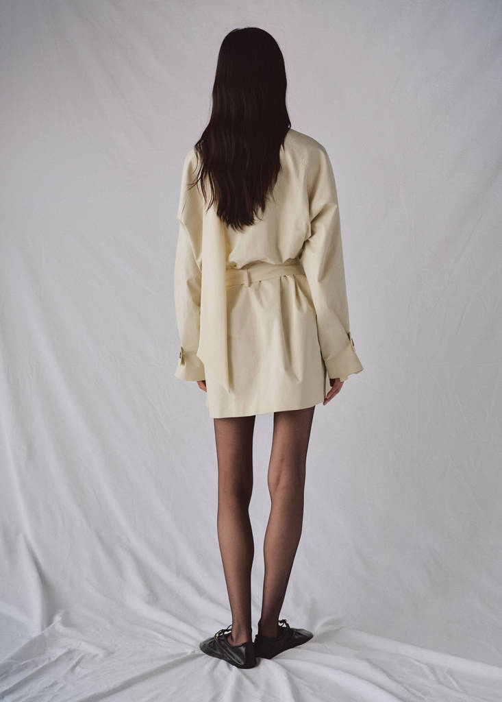Funnel neck belted trench coat — Ecru