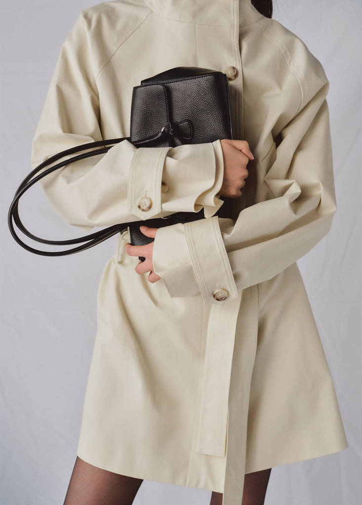 Funnel neck belted trench coat — Ecru