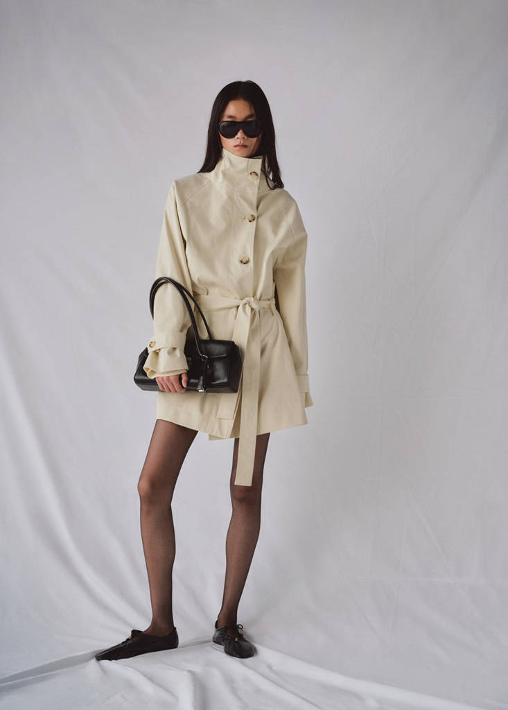 Funnel neck belted trench coat — Ecru