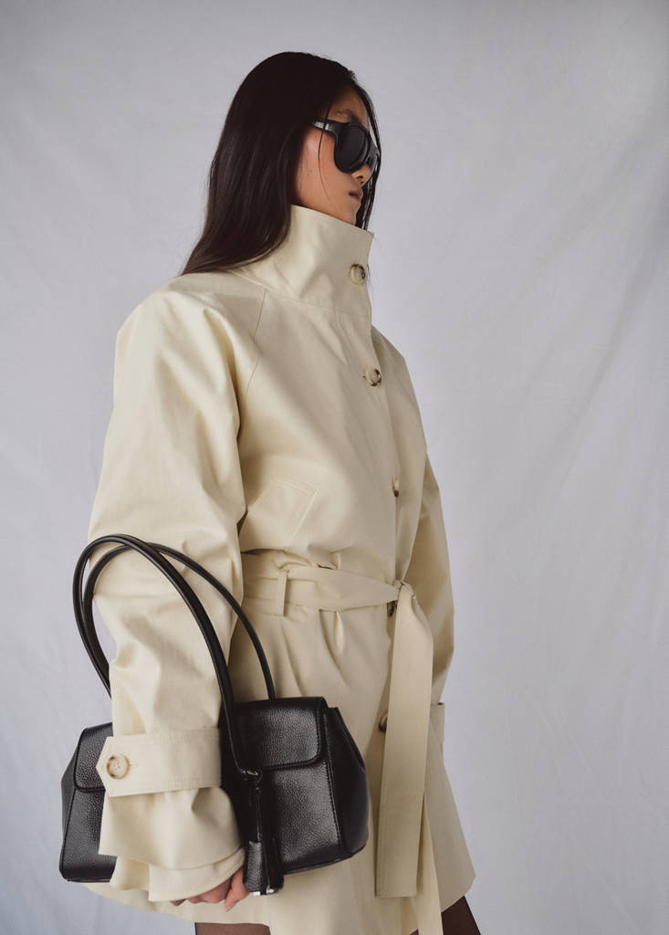 Funnel neck belted trench coat — Ecru