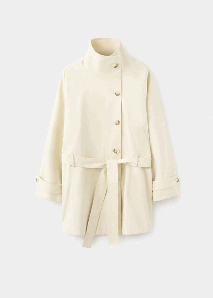 Funnel neck belted trench coat — Ecru