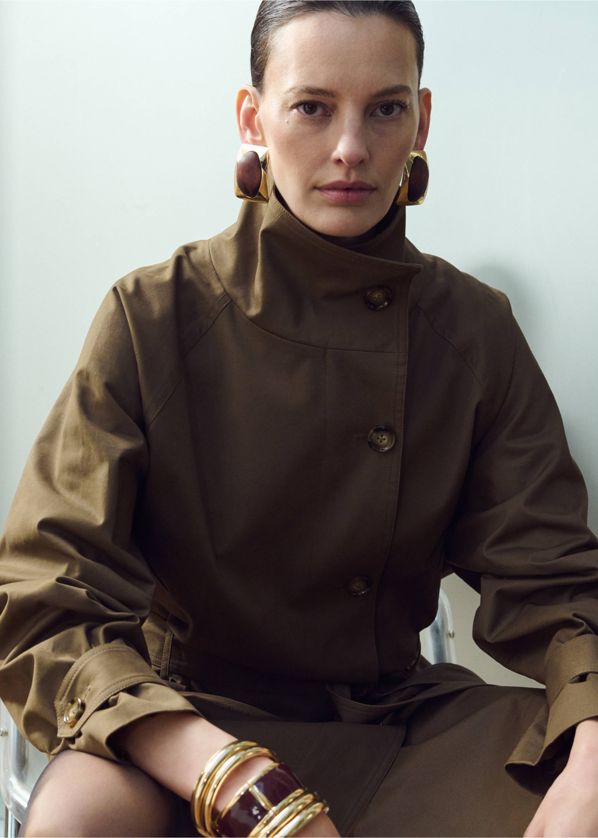 Funnel neck belted trench coat - Details of the article 1, Medium Brown. Ref: 27044775-00.