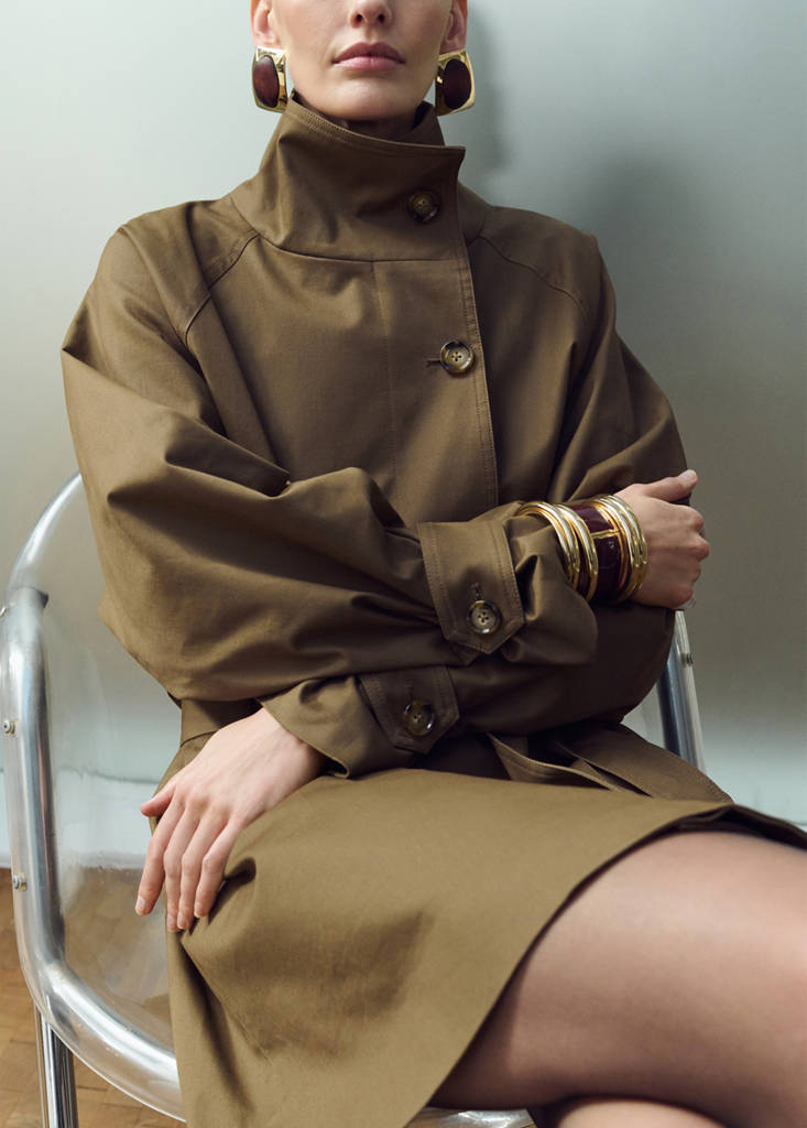 Funnel neck belted trench coat — Medium Brown
