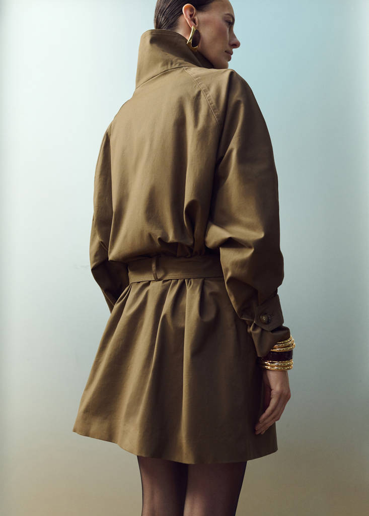 Funnel neck belted trench coat — Medium Brown