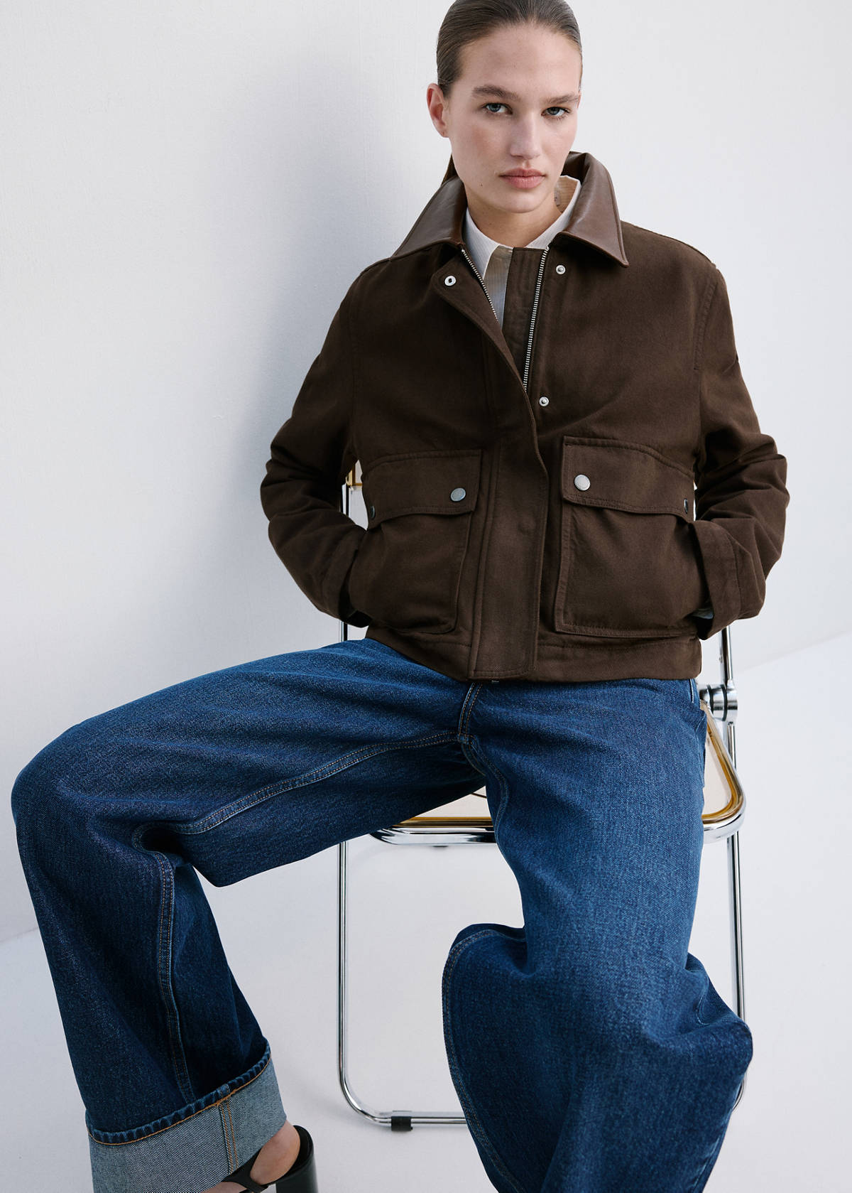 Denim parka with contrasting collar — Chocolate
