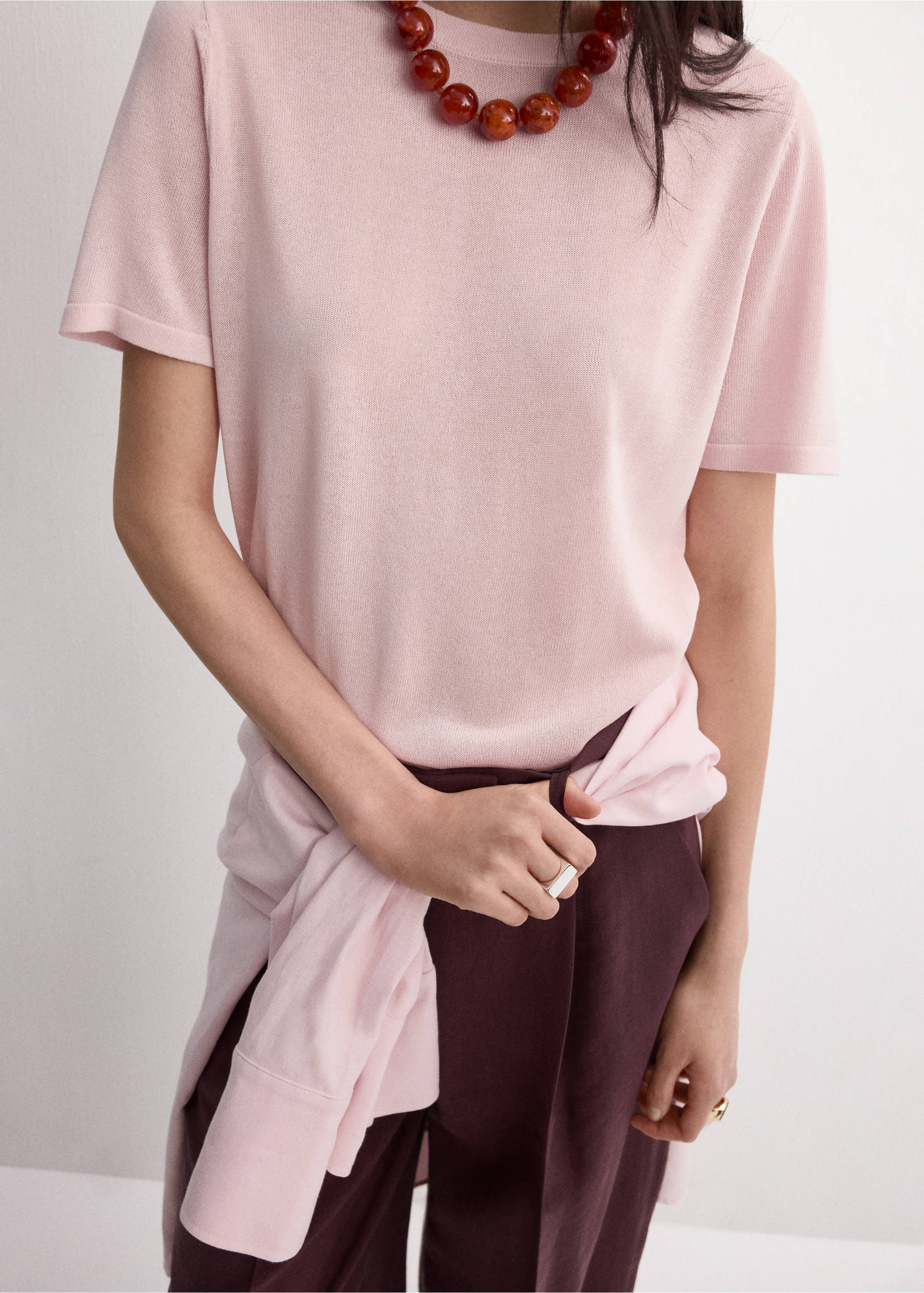 Short-sleeved knitted sweater - Medium plane, Pastel Pink. Ref: 27045820-00.