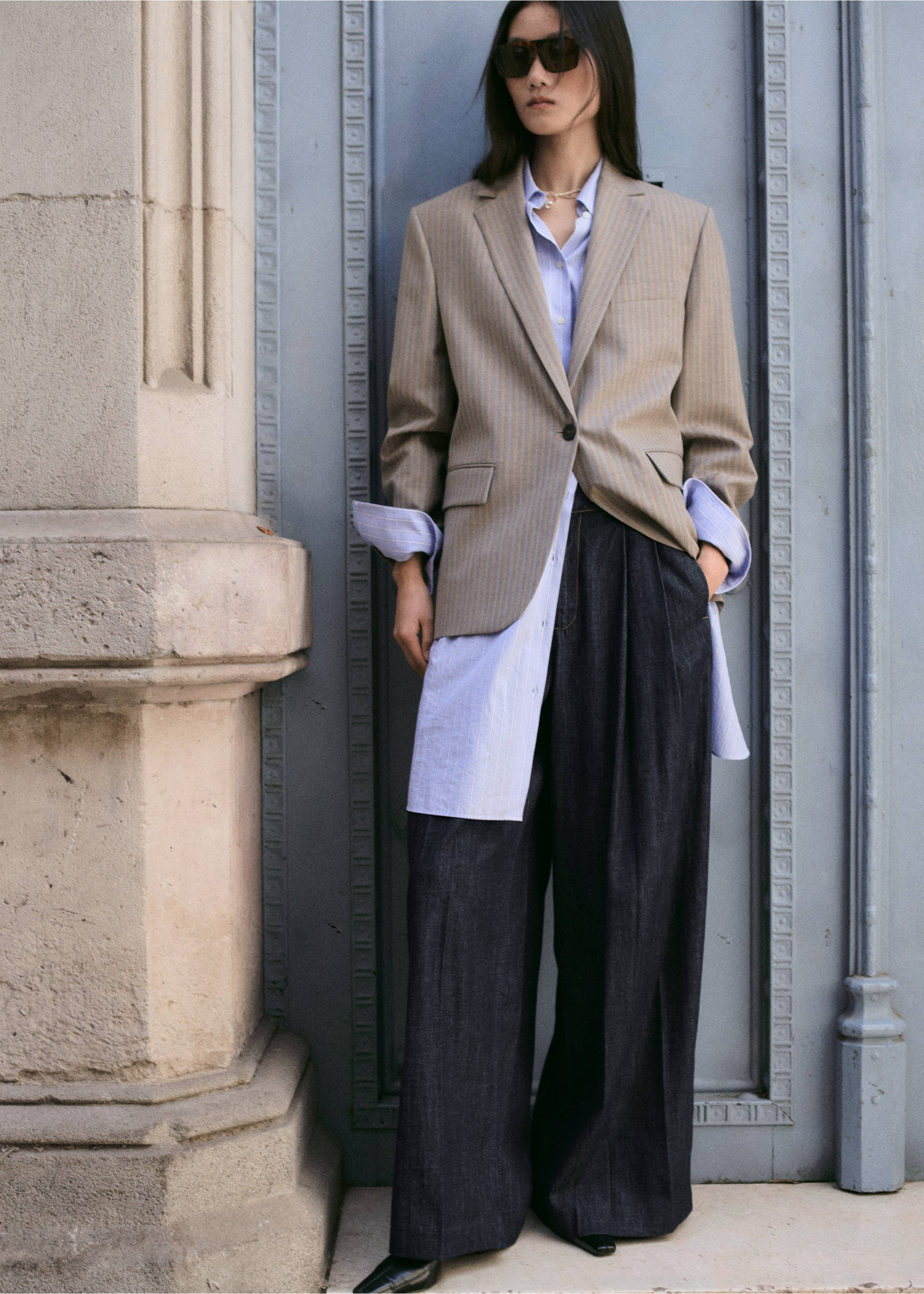 Pantalon denim large avec passants - Plan général, Bleu. Ref: 27045823-00.