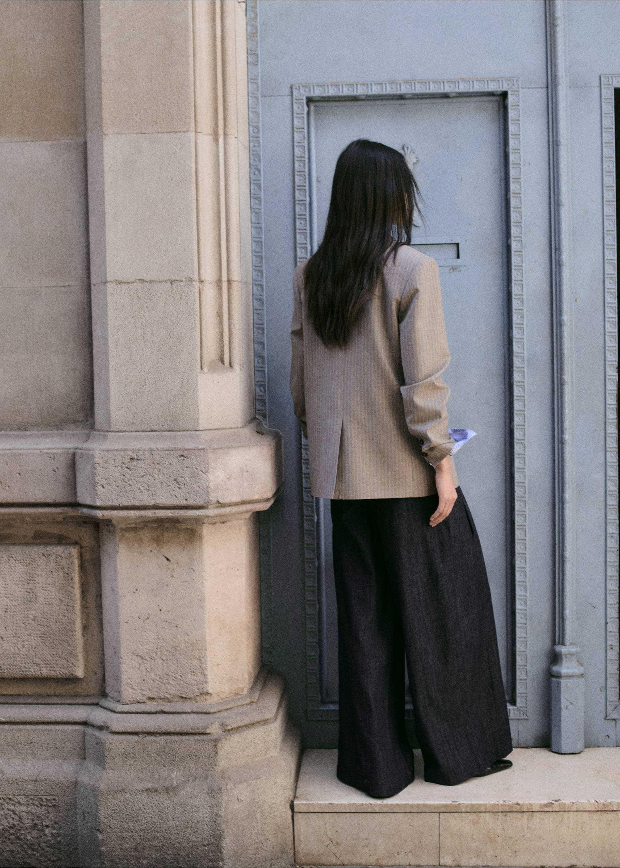 Pantalon denim large avec passants - Verso de l’article, Bleu. Ref: 27045823-00.