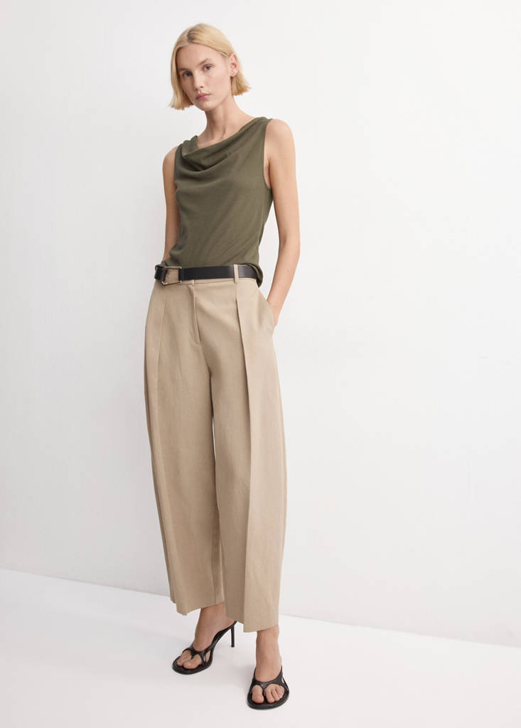 Fitted top with draped neckline — Khaki