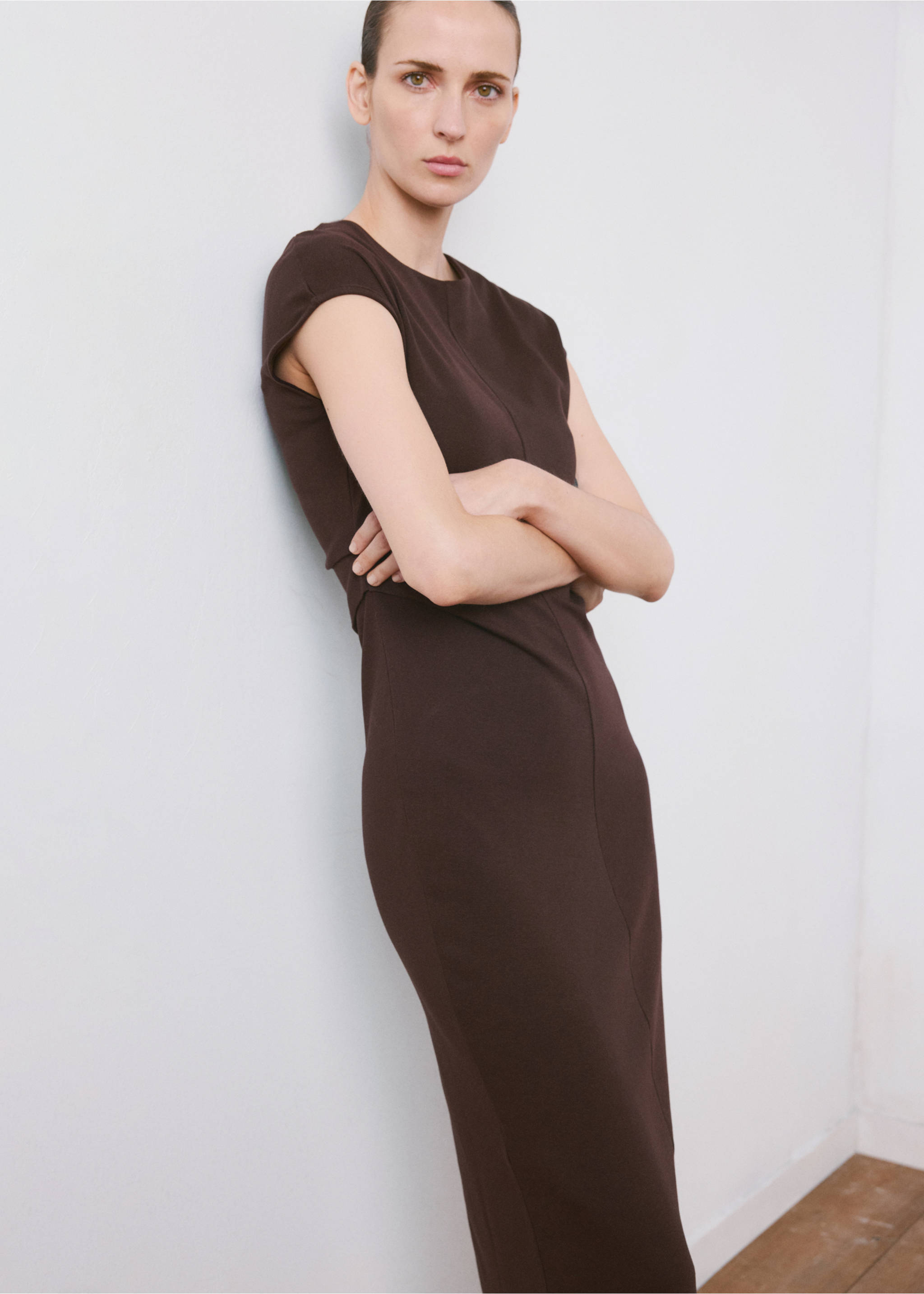 Midi-dress with draped detail - Medium plane, Brown. Ref: 27045826-00.