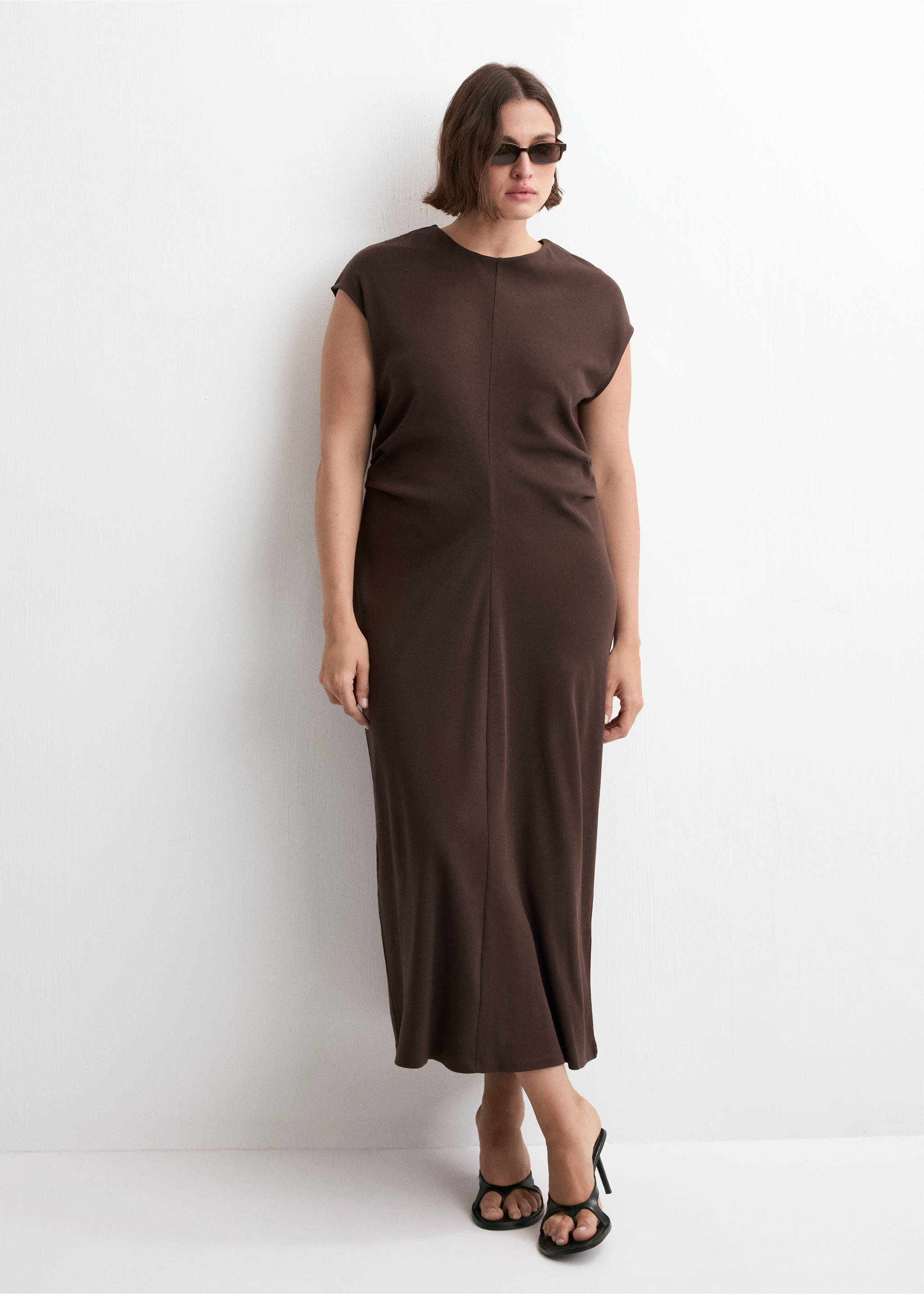 Midi-dress with draped detail - Details of the article 3, Brown. Ref: 27045826-00.