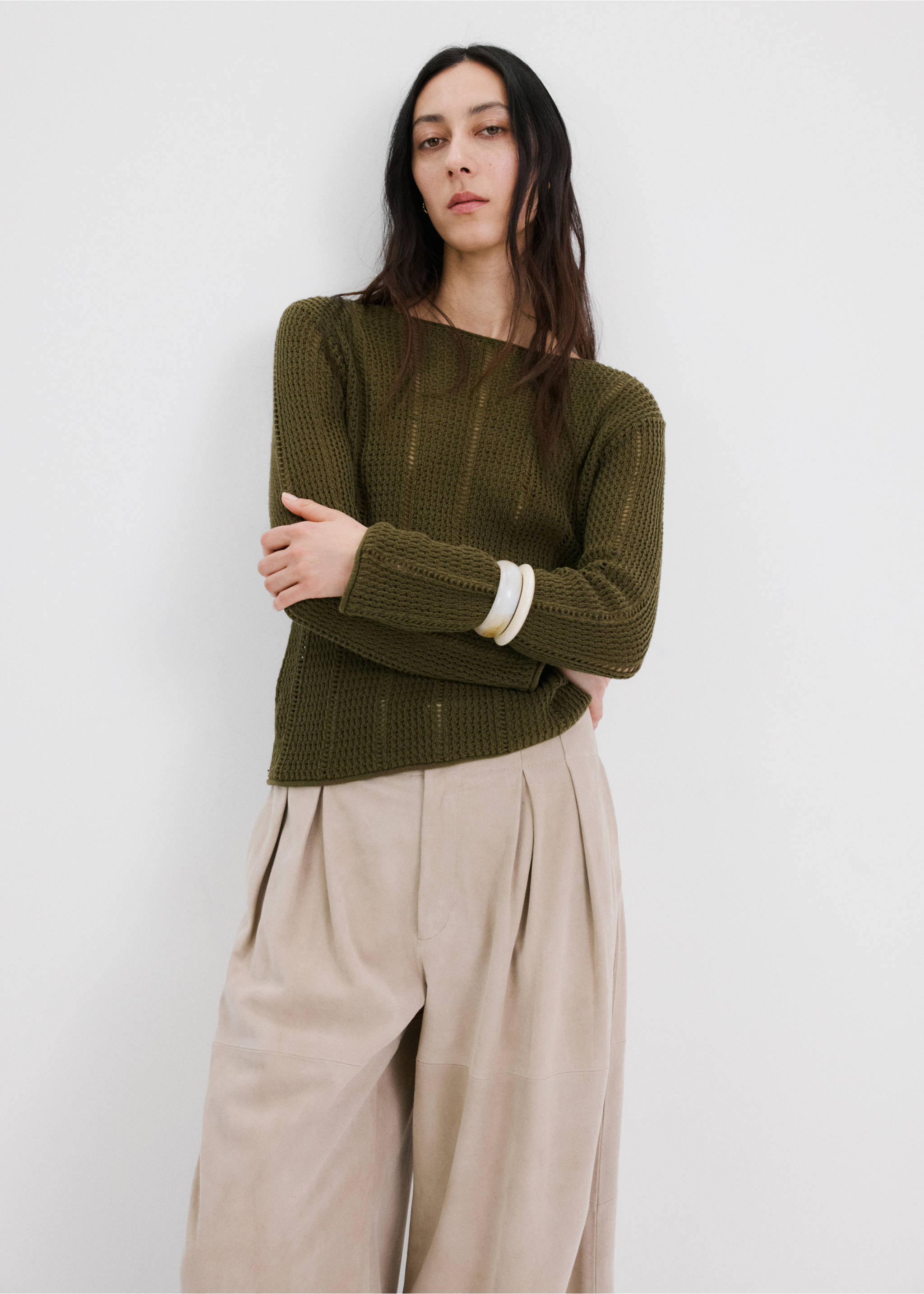 Knitted ribbed sweater - Medium plane, Khaki. Ref: 27045834-00.