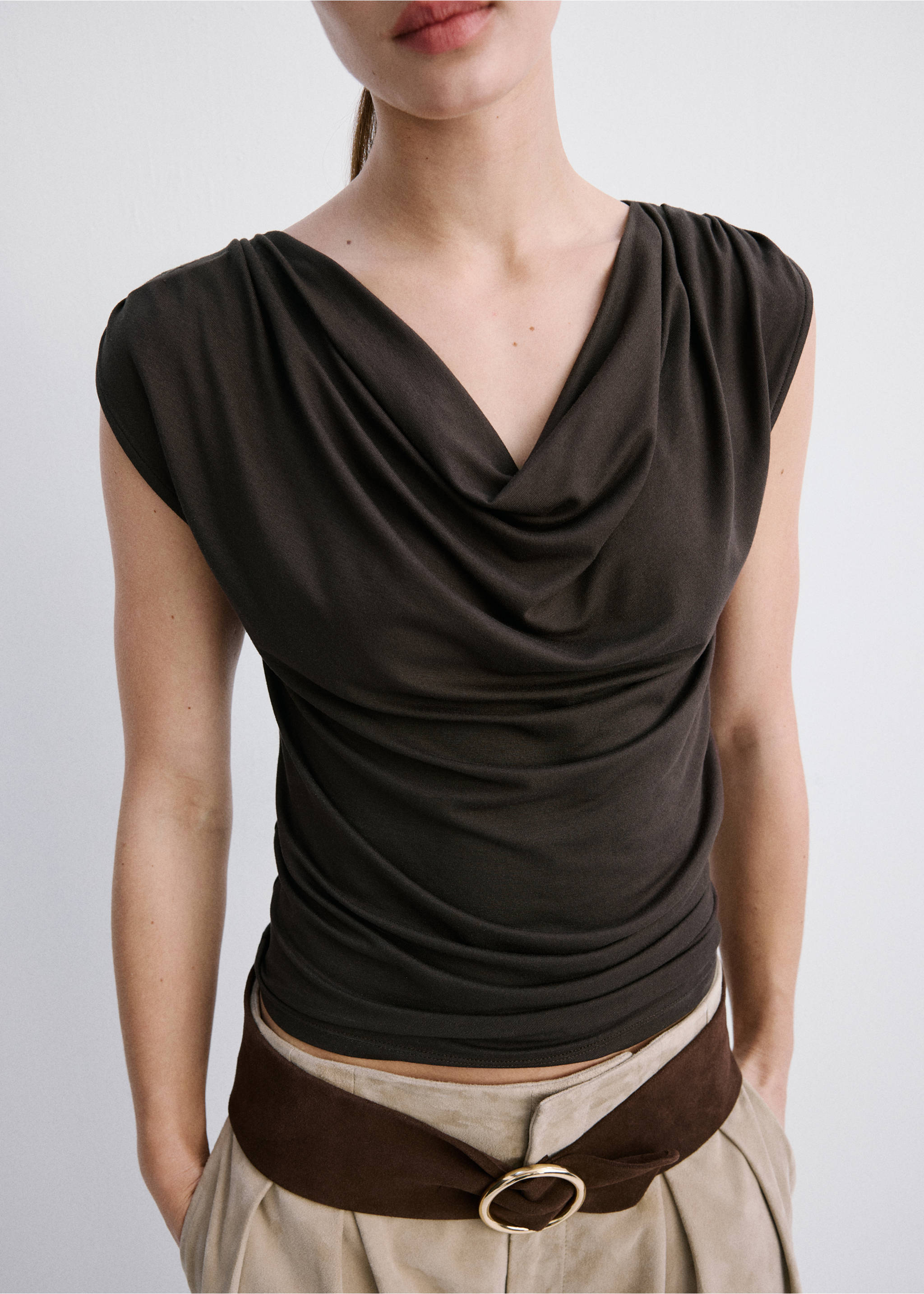 Draped fitted t-shirt - Medium plane, Brown. Ref: 27045843-00.