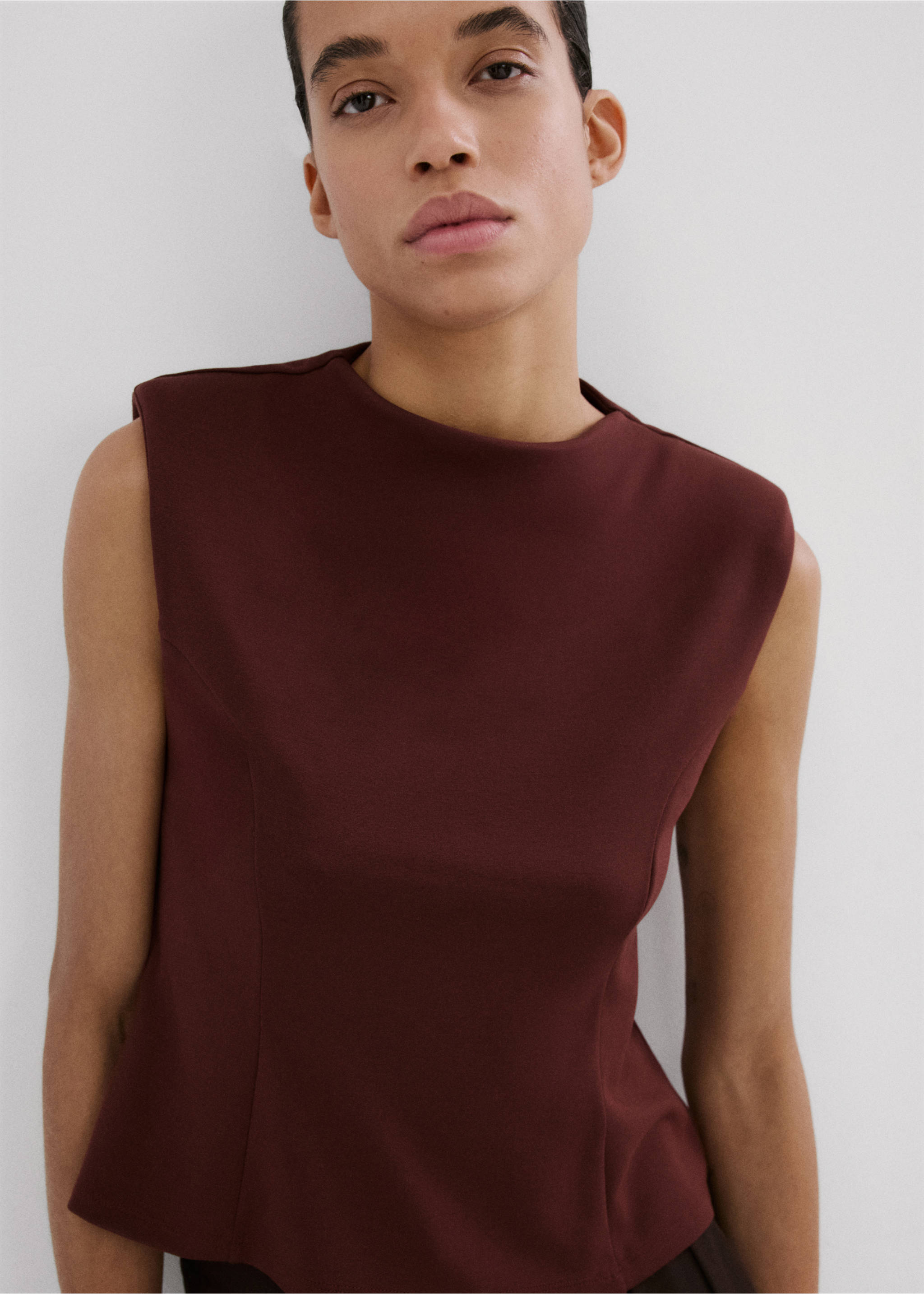 Peplum shoulder pad T-shirt - Medium plane, Burgundy. Ref: 27045844-00.