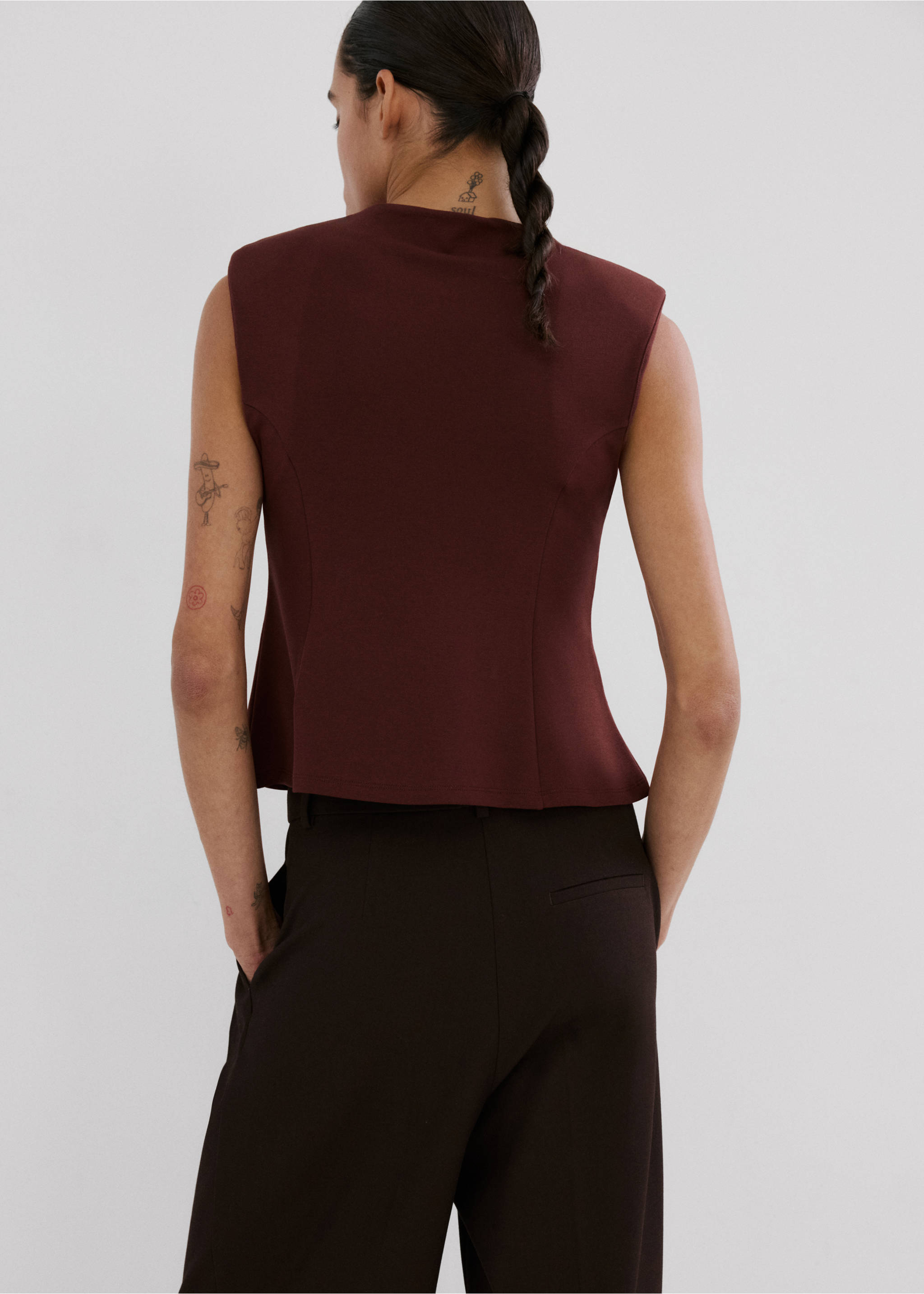 Peplum shoulder pad T-shirt - Reverse of the article, Burgundy. Ref: 27045844-00.