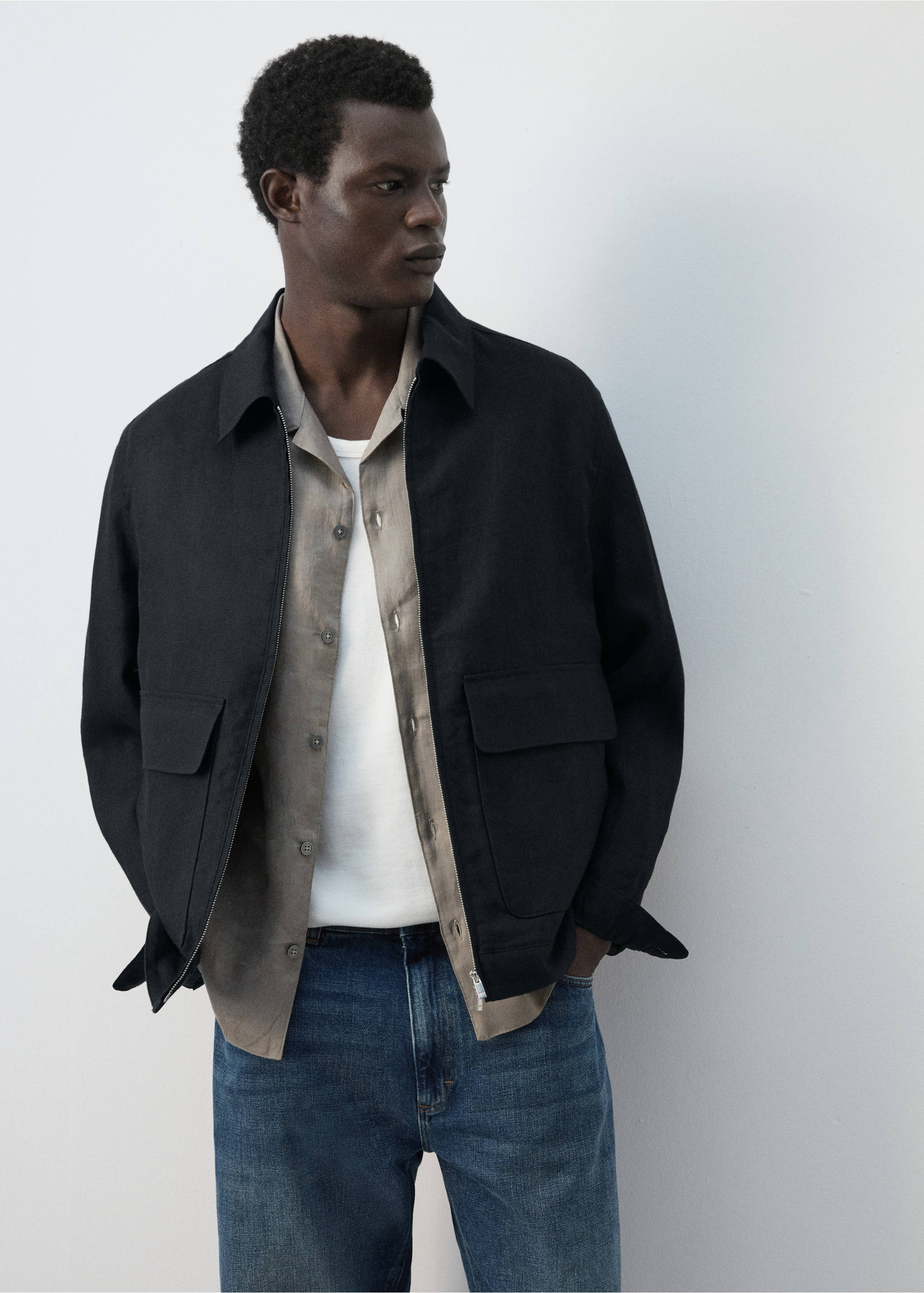 100% linen jacket with pockets - Medium plane, Navy. Ref: 27045930-02.