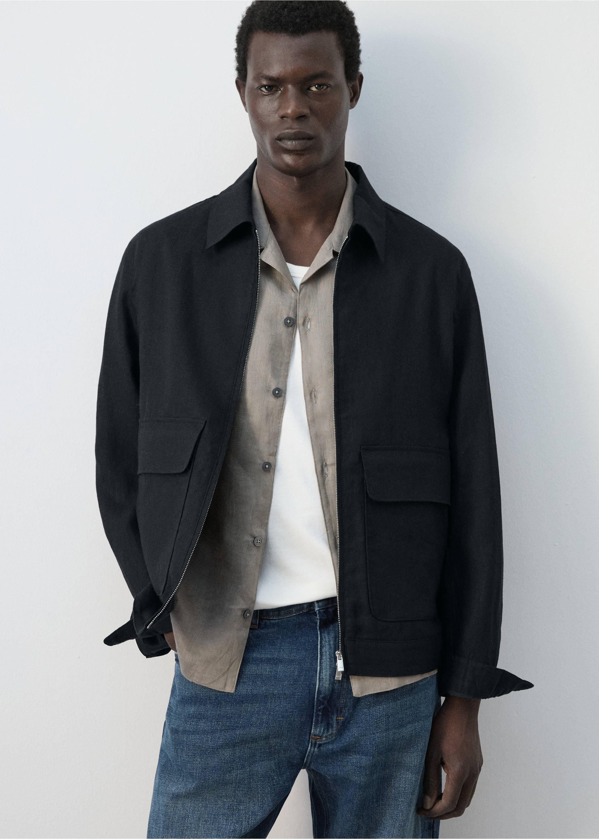 100% linen jacket with pockets - Reverse of the article, Navy. Ref: 27045930-02.