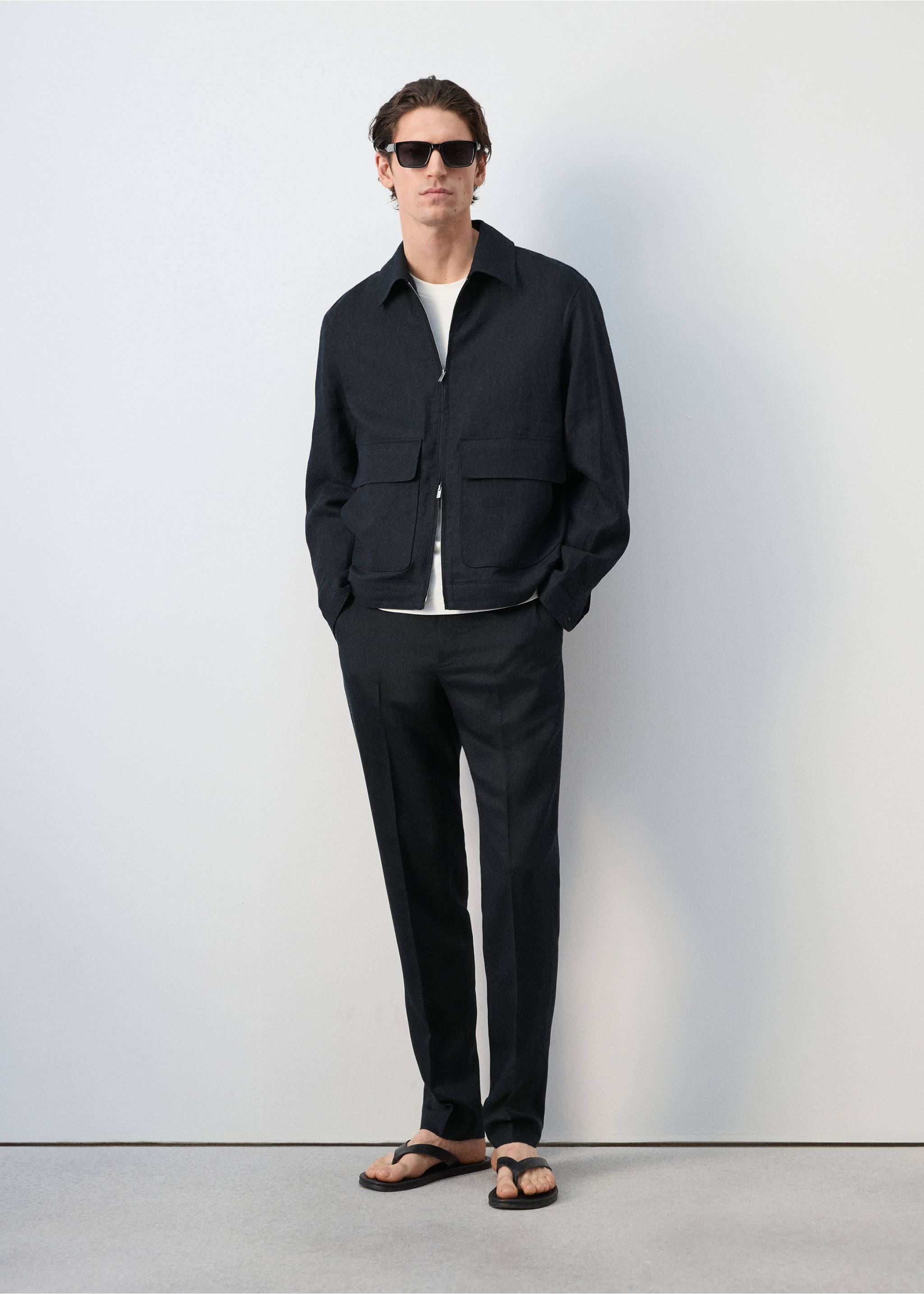 سترة من الكتان 100% مع جيوب - رؤية عامة, أزرق غامق. Ref: 27045930-04.