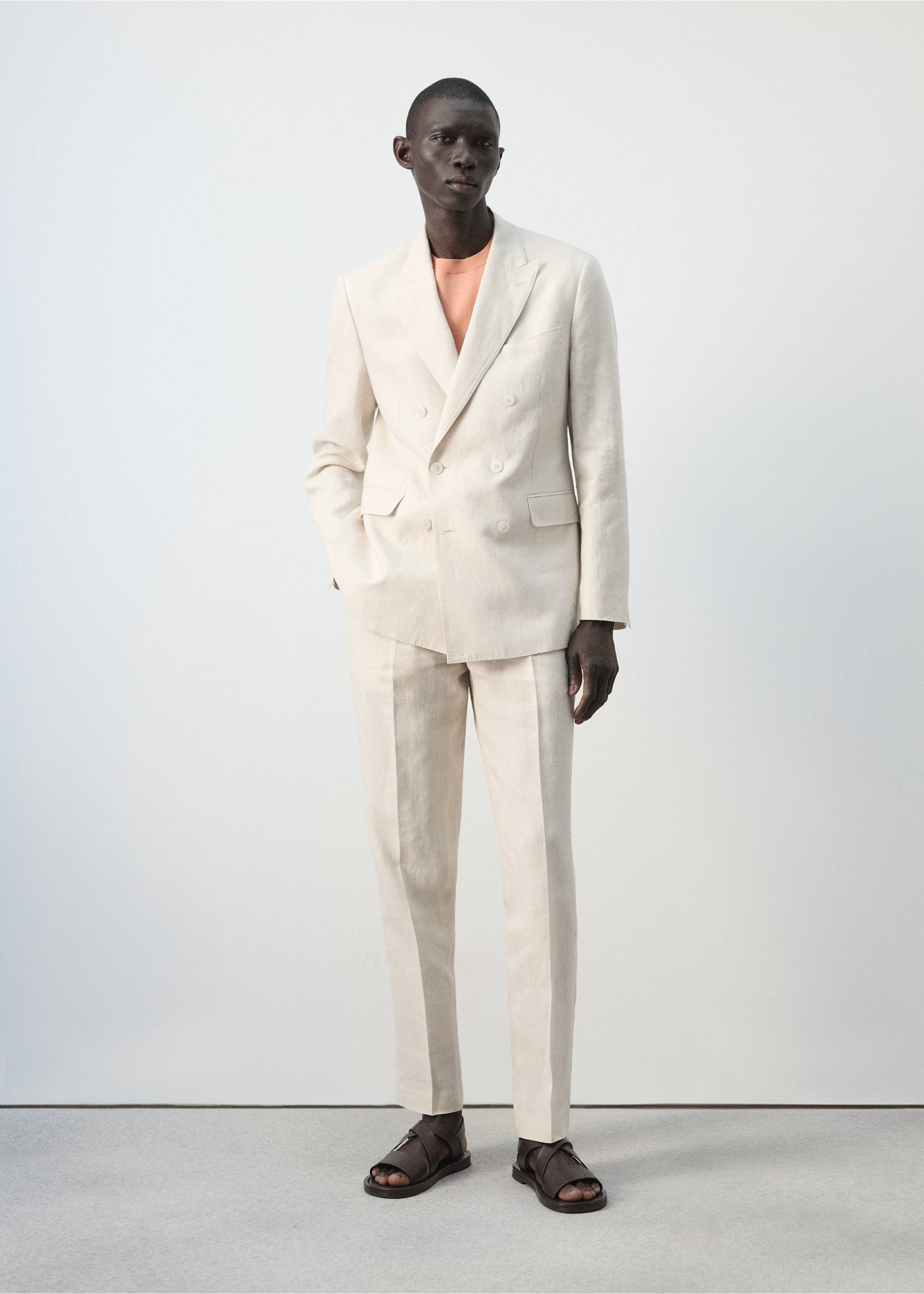 Amalfi 100% linen slim-fit double-breasted suit jacket - General plane, Ecru. Ref: 27045931-00.