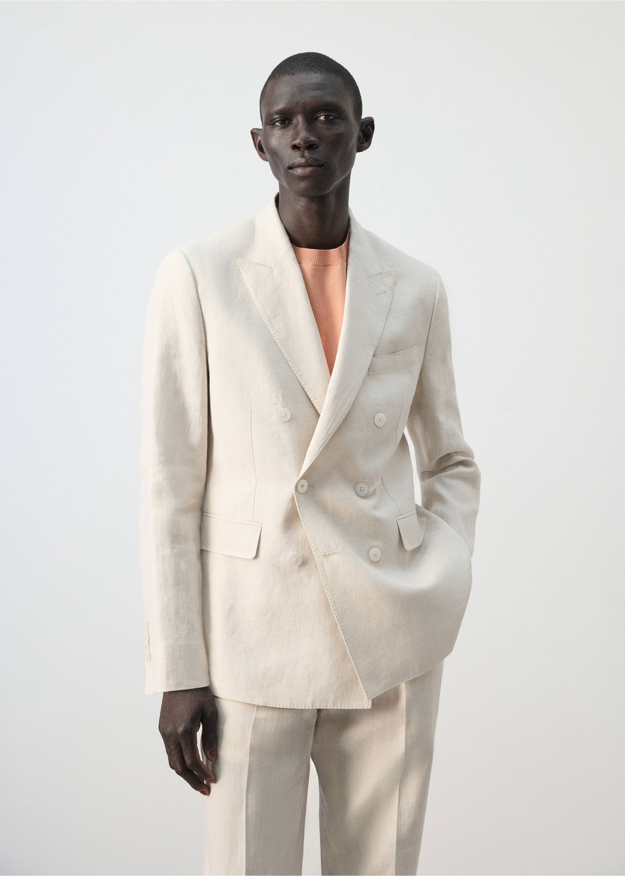 Amalfi 100% linen slim-fit double-breasted suit jacket - Medium plane, Ecru. Ref: 27045931-00.