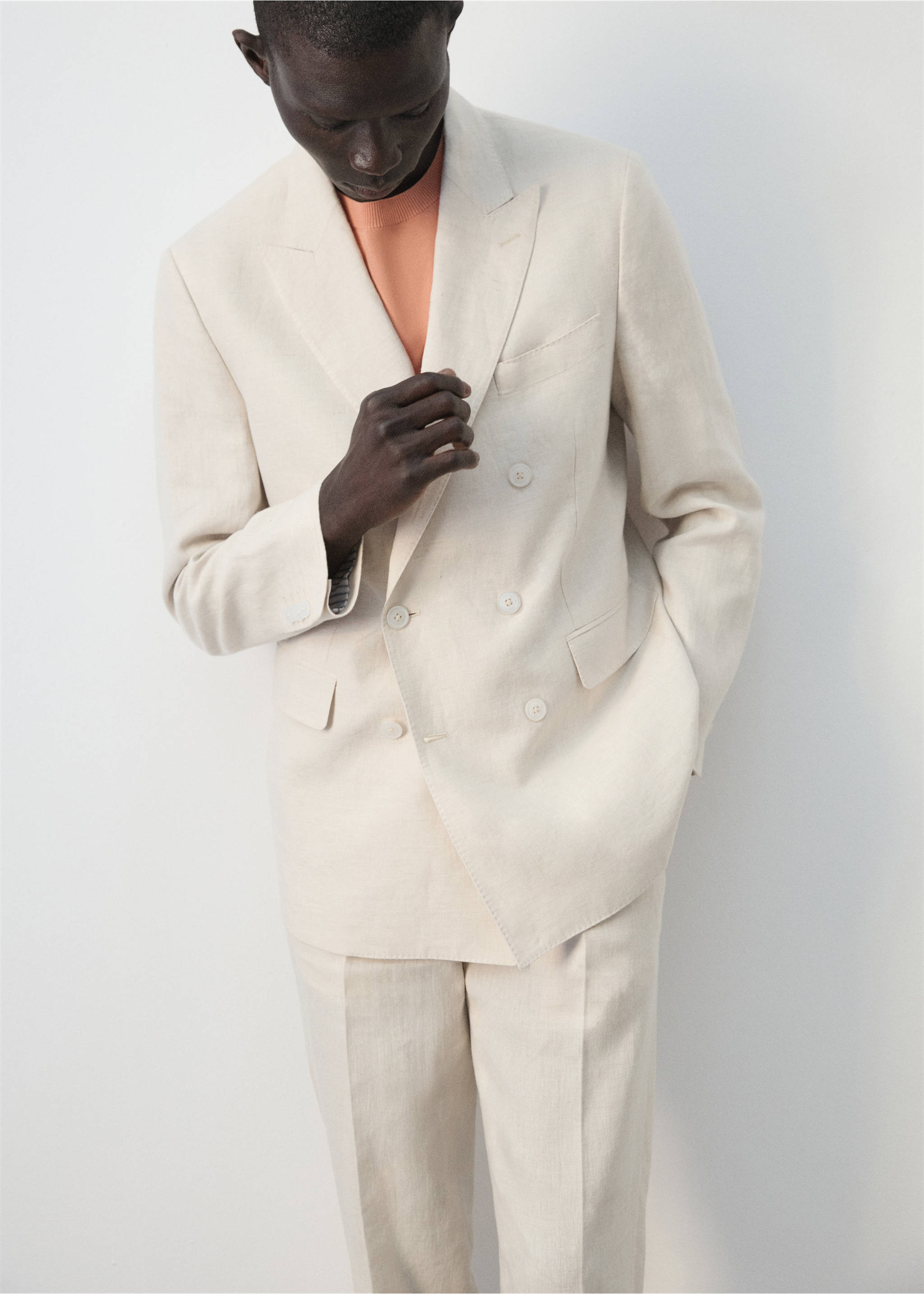 Amalfi 100% linen slim-fit double-breasted suit jacket - Details of the article 1, Ecru. Ref: 27045931-00.