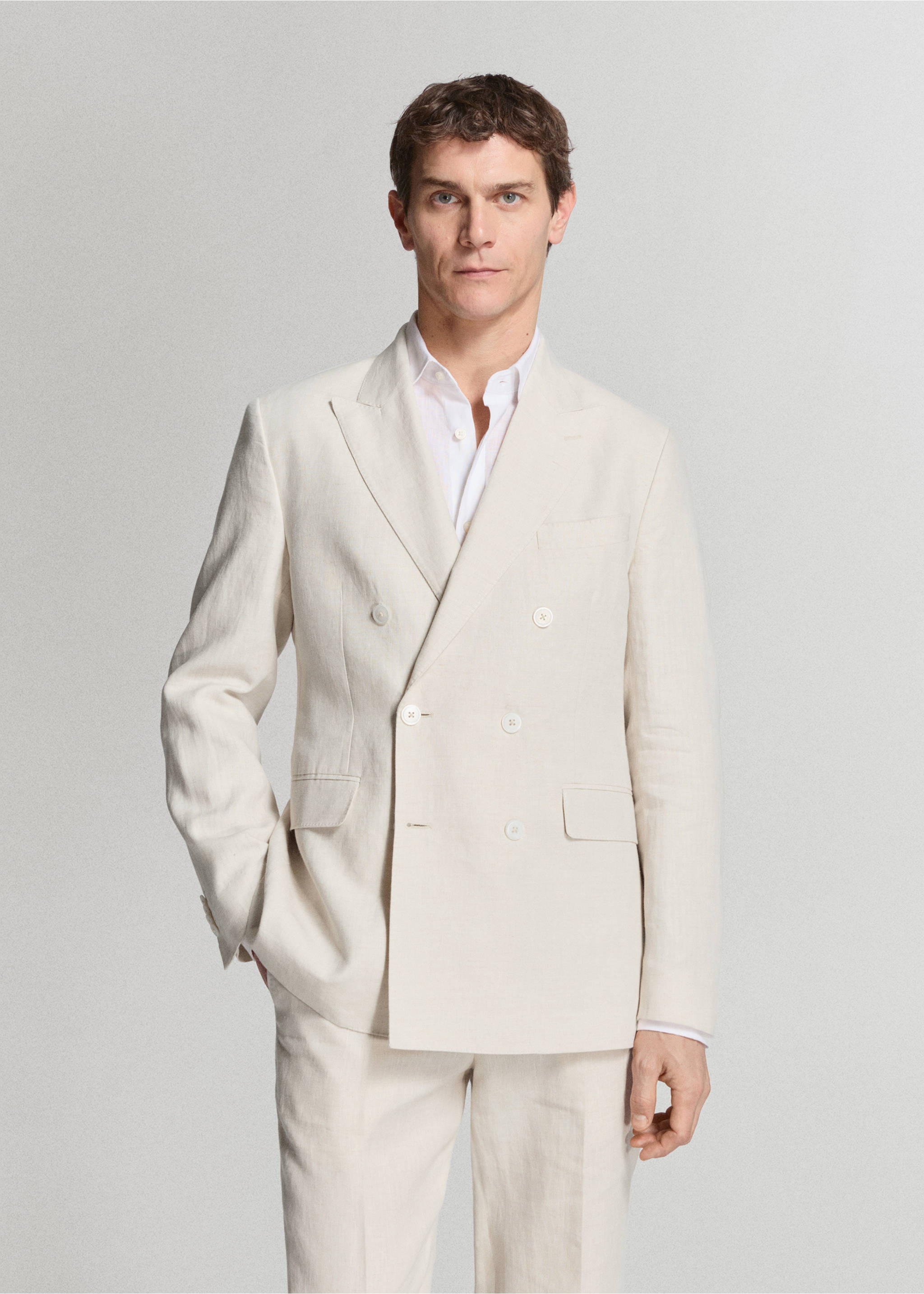Americana traje Amalfi cruzada 100% lino slim fit - Plano medio, Crudo. Ref: 27045931-01.