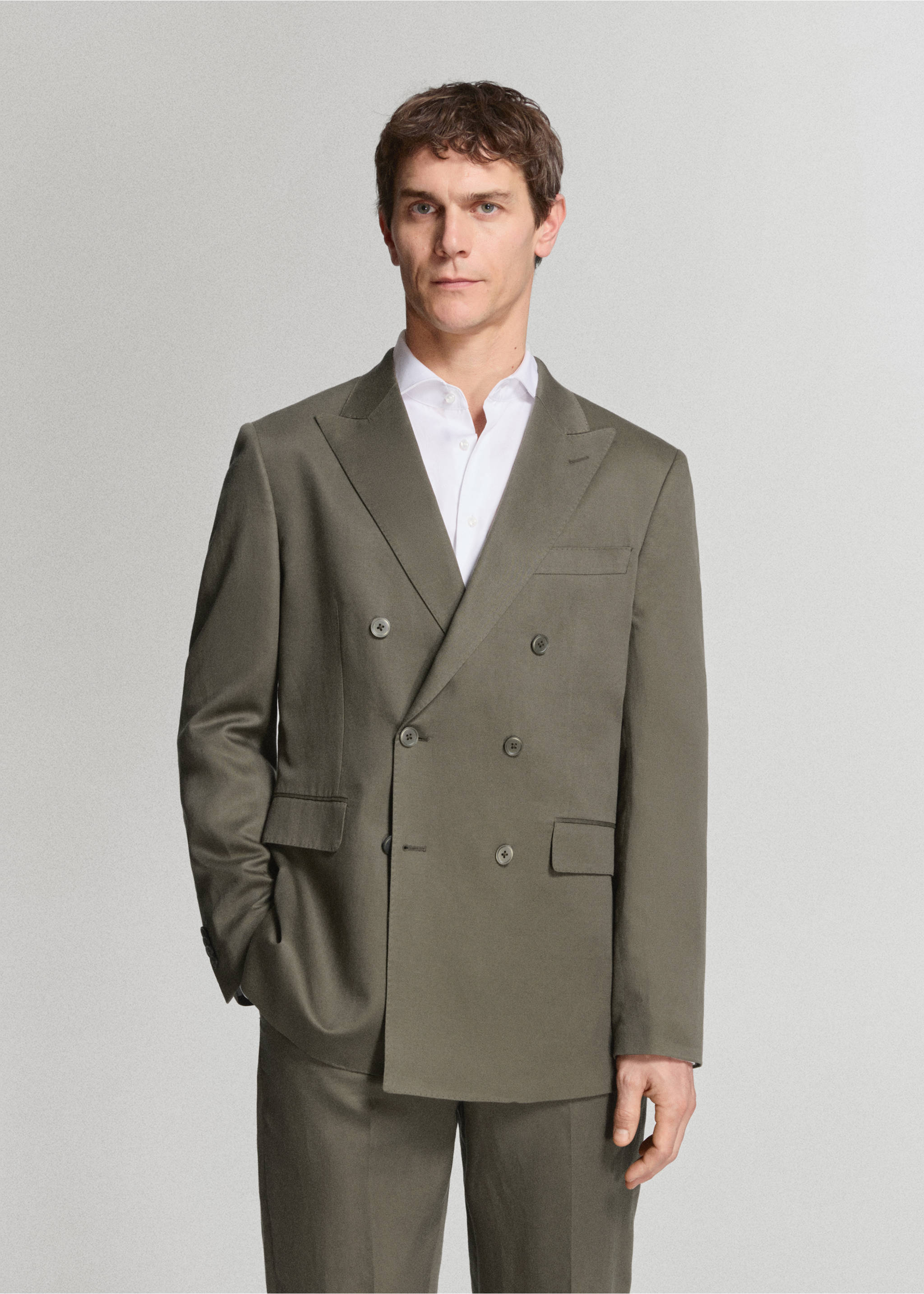 Amalfi slim fit double-breasted blazer - Medium plane, Khaki. Ref: 27045935-02.