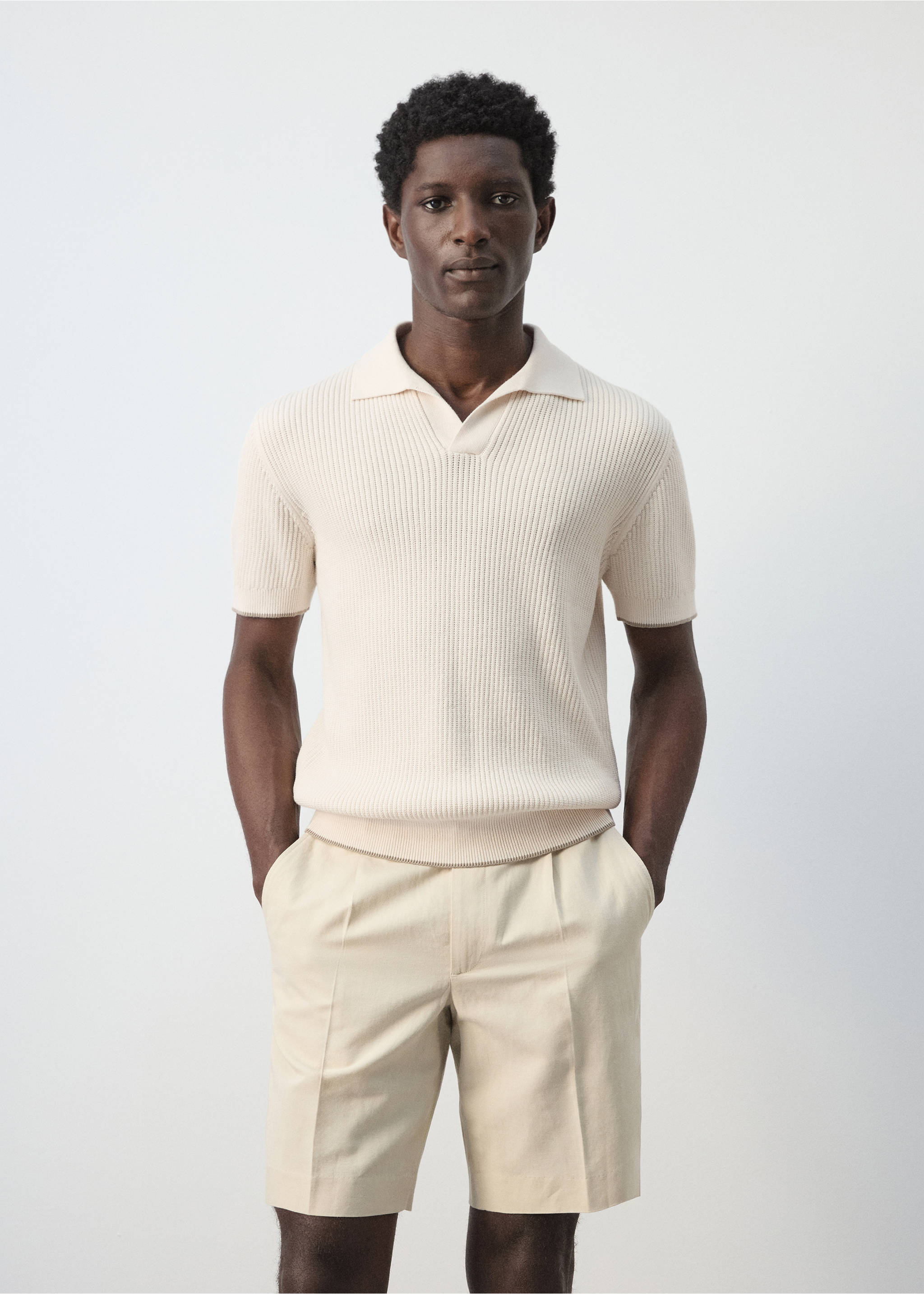 Contrast trim cotton polo shirt - Medium plane, Sand. Ref: 27045941-00.