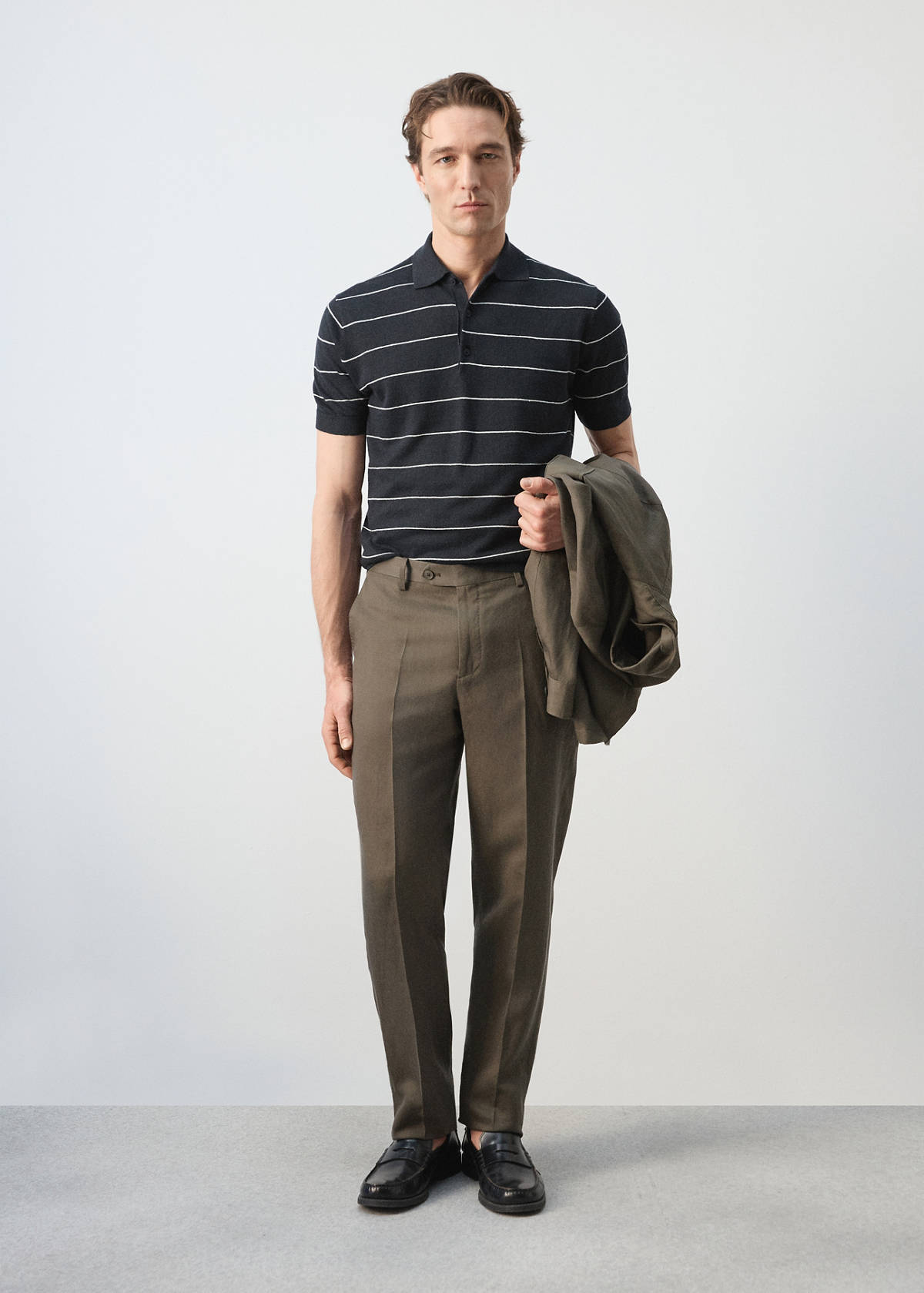 Linen blend striped polo shirt — Navy