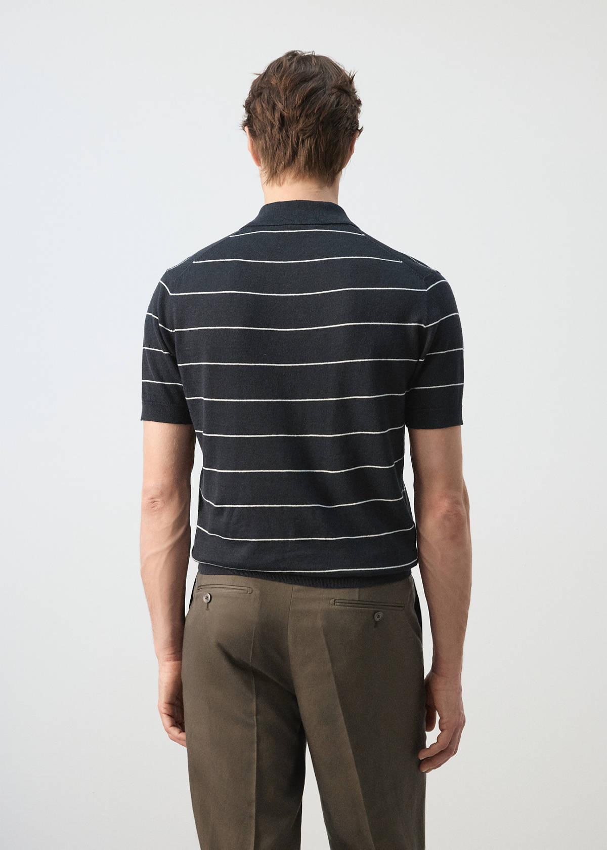 Linen blend striped polo shirt — Navy