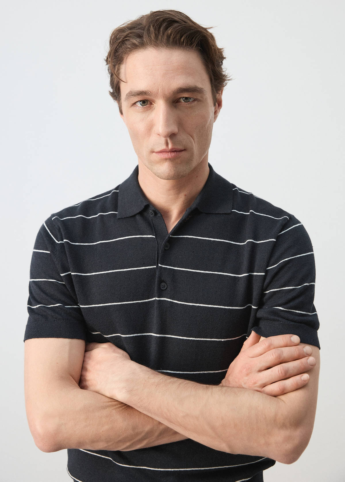 Linen blend striped polo shirt — Navy