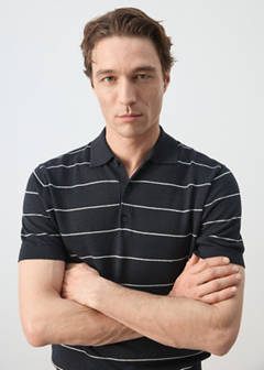 Linen blend striped polo shirt — Navy 4