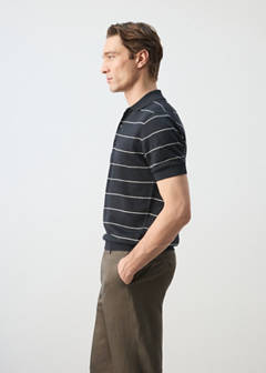 Linen blend striped polo shirt — Navy 5