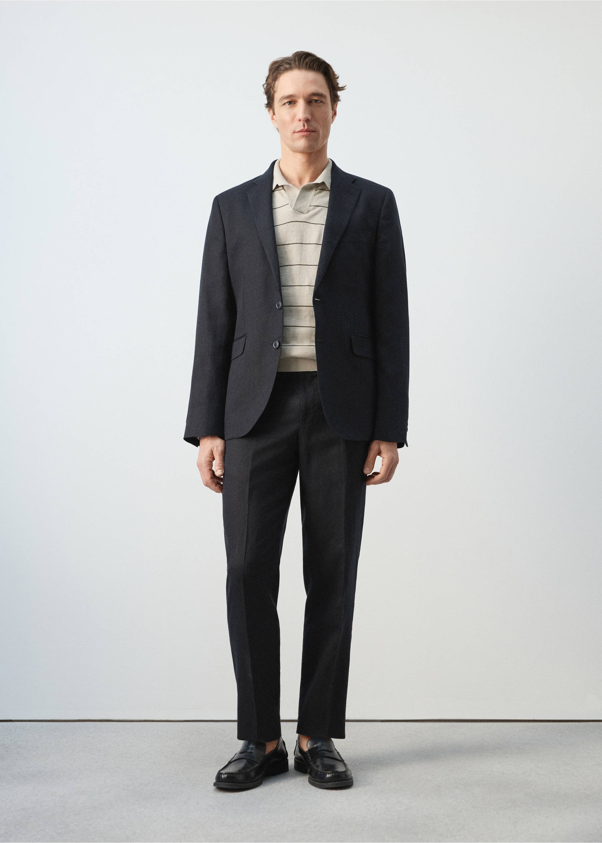 Jersey polo mezcla lino rayas - Plano general, Beige. Ref: 27045943-00.