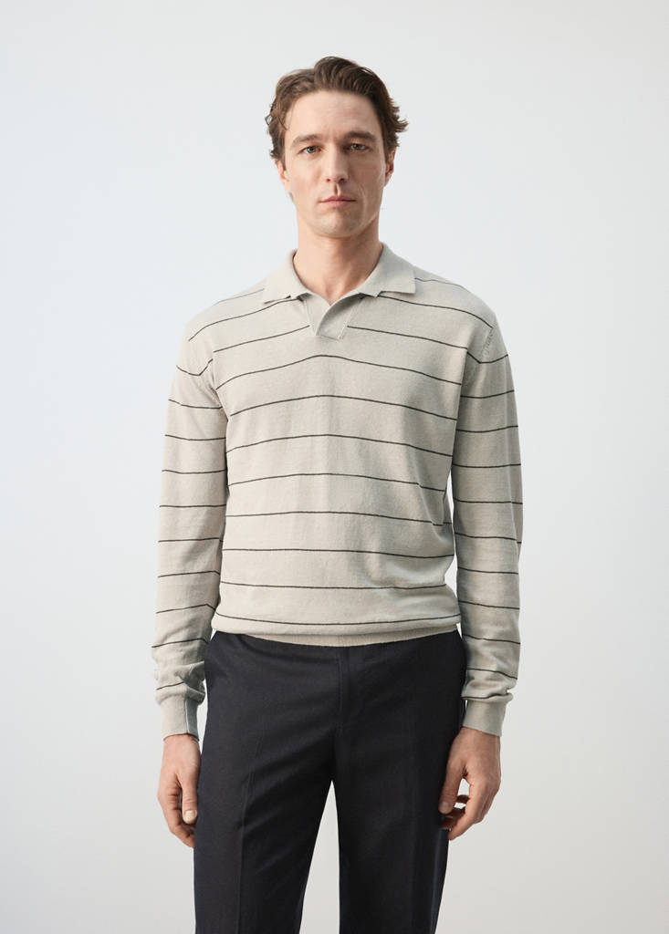 Linen blend striped polo sweater — Beige