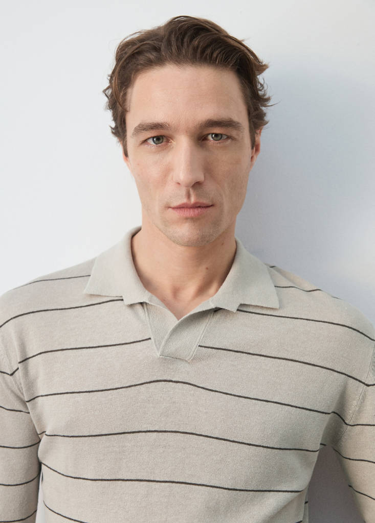Linen blend striped polo sweater — Beige