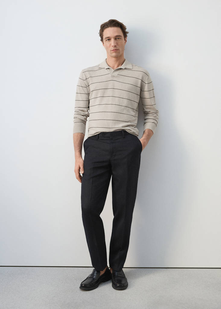 Linen blend striped polo sweater — Beige