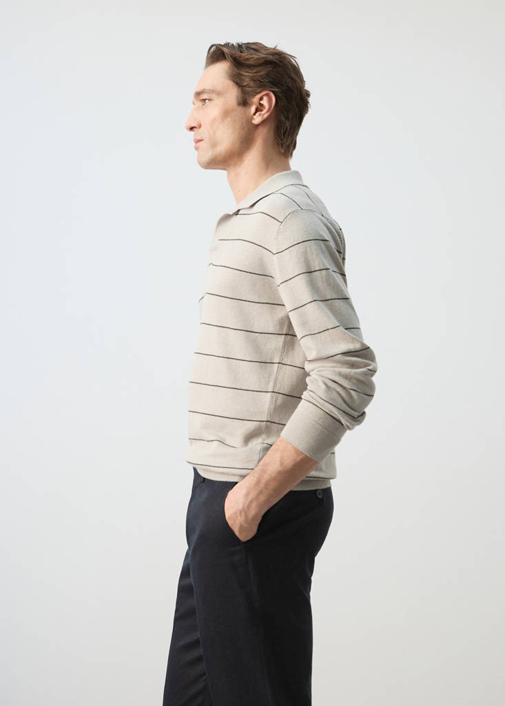 Linen blend striped polo sweater — Beige