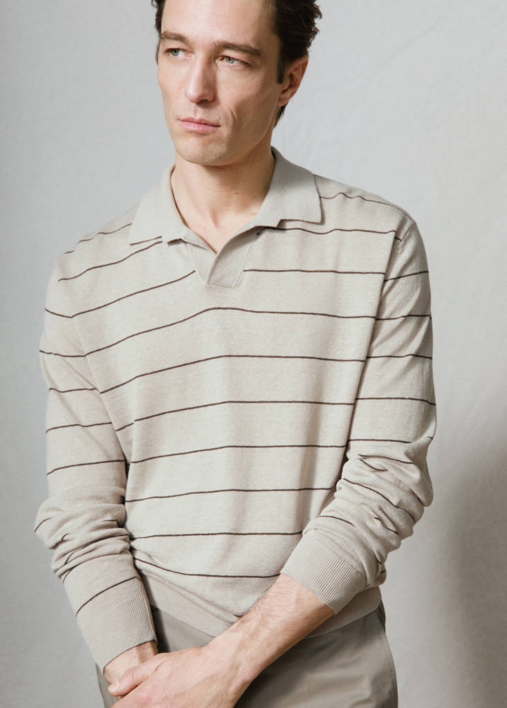 Linen blend striped polo sweater — Beige