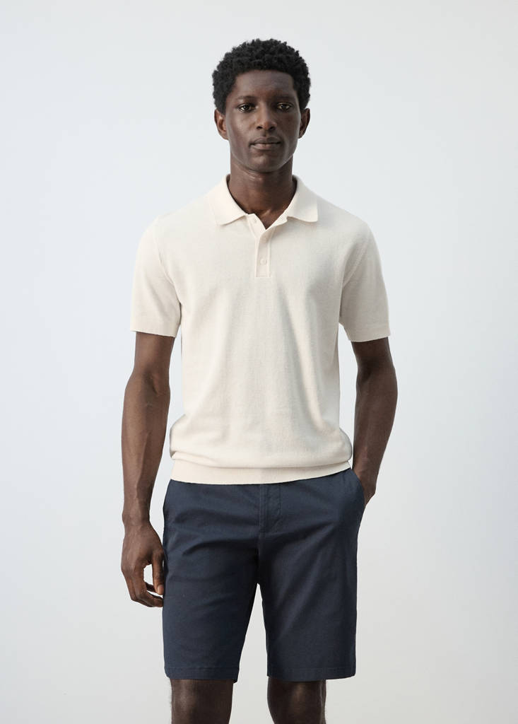 Fine knit polo shirt with microstructure — Ivory White