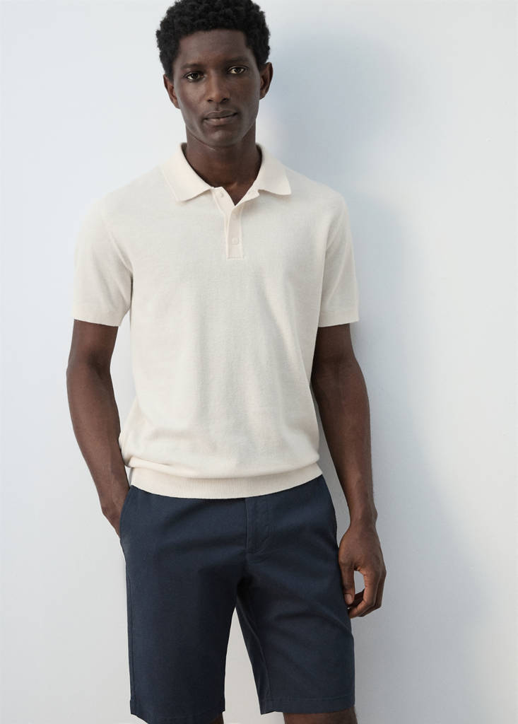 Fine knit polo shirt with microstructure — Ivory White