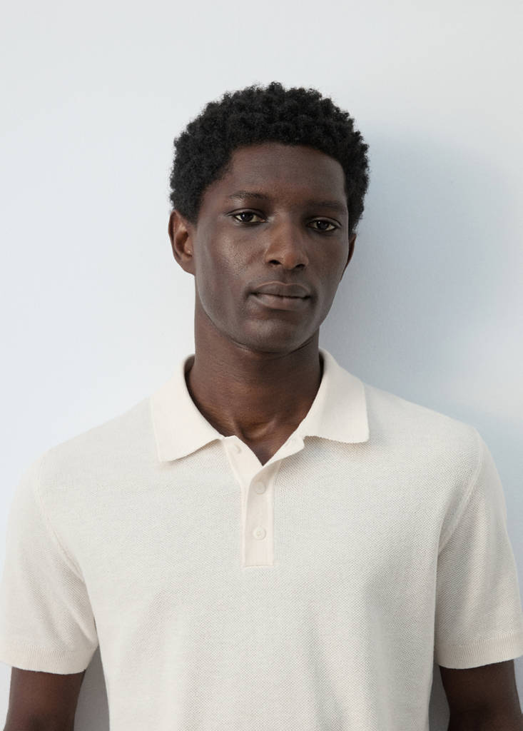 Fine knit polo shirt with microstructure — Ivory White
