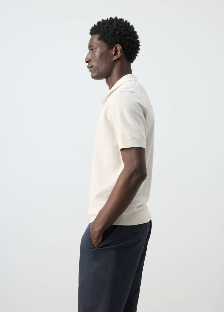 Fine knit polo shirt with microstructure — Ivory White